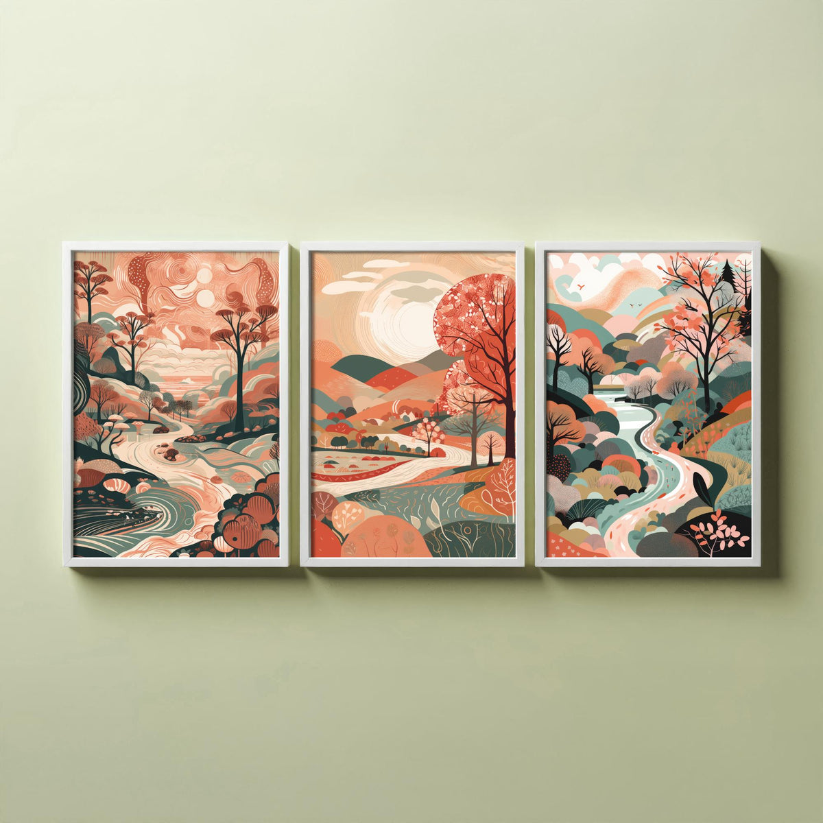 Coral Landscape Drawing Set of Three Art Prints - Trees, Hills and River - Warm Folk Countryside Poster Illustration