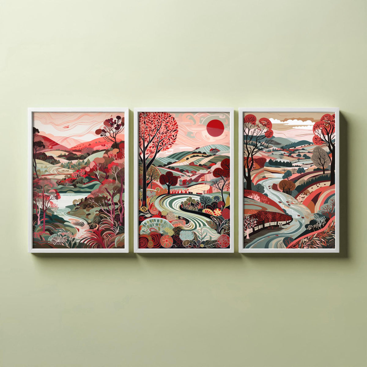 Crimson Landscape Drawing Set of Three Art Prints - Trees, Hills and Fields - Patterned Folk Countryside Poster Illustration