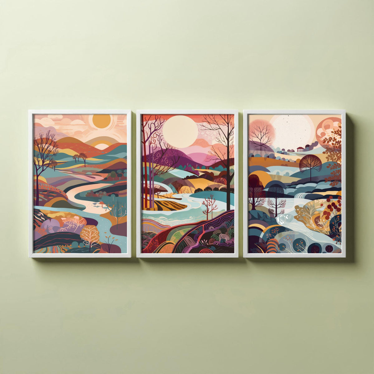 Eggshell Blue Landscape Drawing Set of Three Art Prints - Trees, Hills and River - Dreamy Folk Countryside Poster Illustration