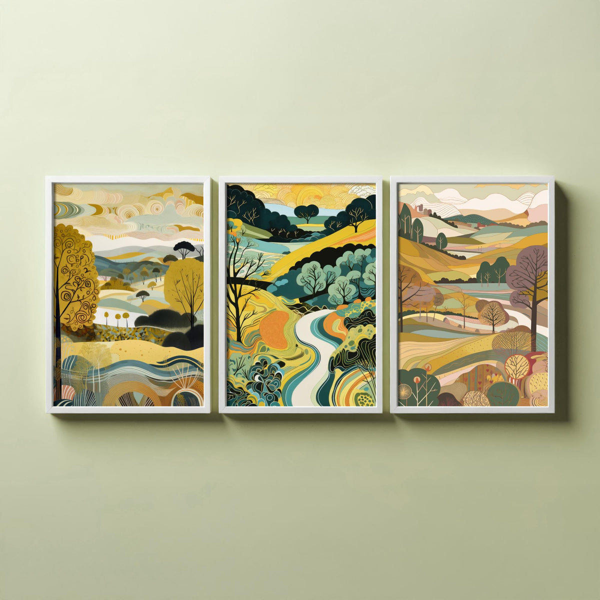 Goldenrod Landscape Drawing Set of Three Art Prints - Trees, Hills and River - Golden Folk Countryside Poster Illustration