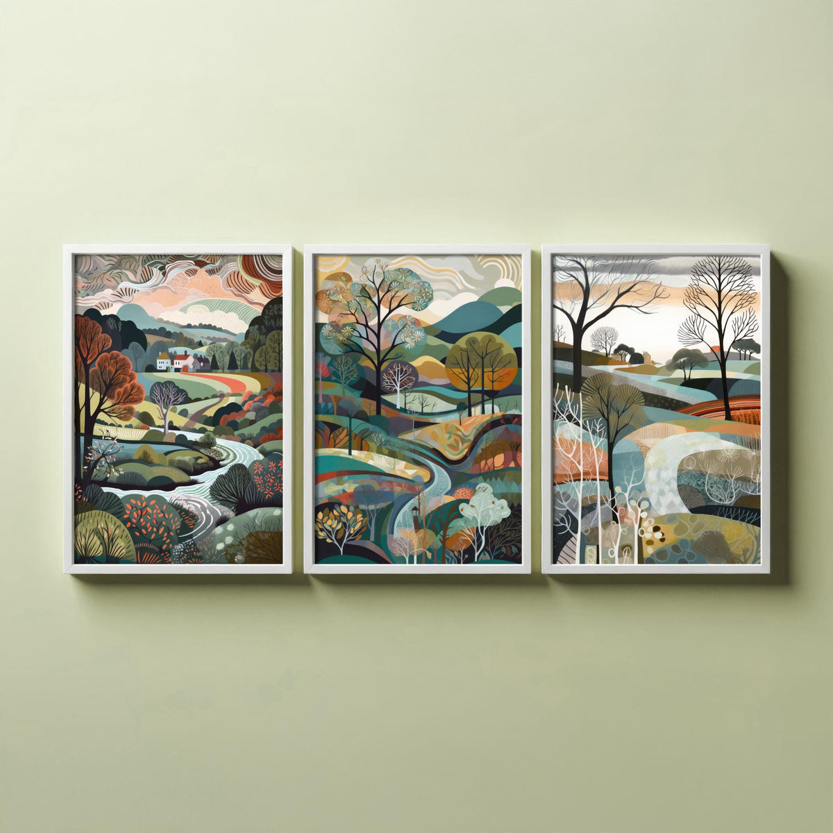 Slate Grey Landscape Drawing Set of Three Art Prints - Trees, Hills and Cottages - Wintry Folk Countryside Poster Illustration