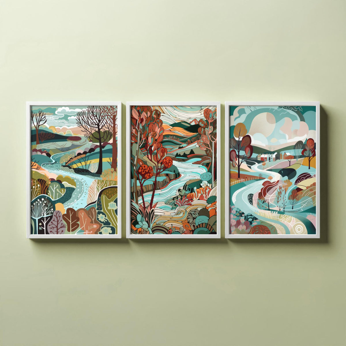 Turquoise and Maroon Landscape Drawing Set of Three Art Prints - Trees, Hills and River - Rich Folk Countryside Poster Illustration