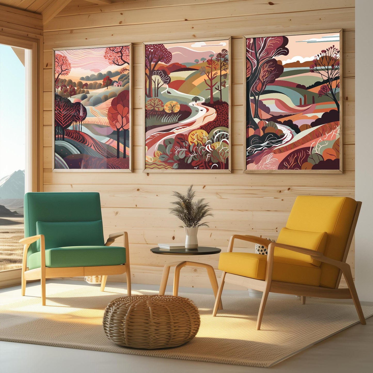 Landscape Illustrations in Maroon - Set of Three Abstract Prints - Yorkshire Dales, North Poster, Wales Art, Painting Valley Settle Skipton