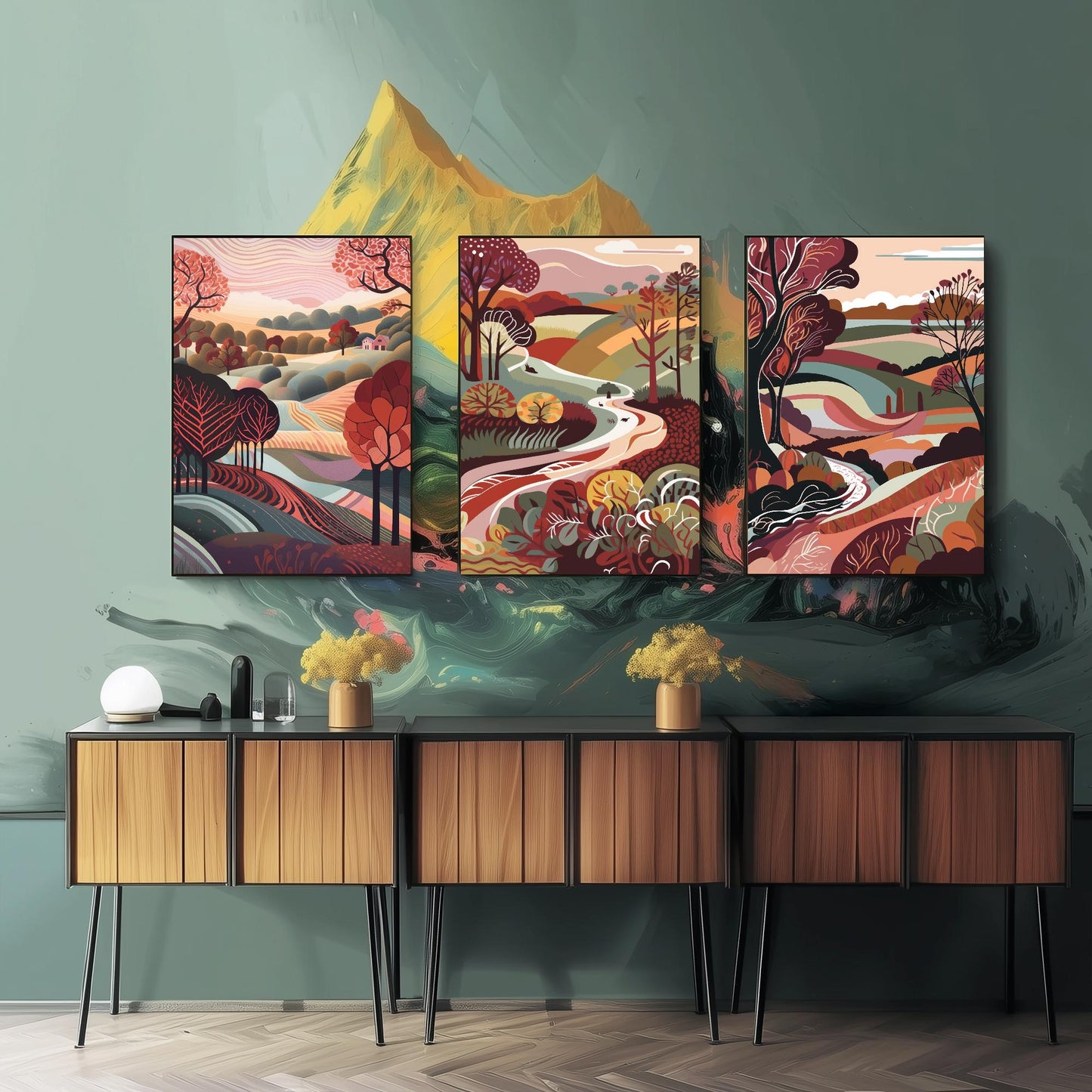 Landscape Illustrations in Maroon - Set of Three Abstract Prints - Yorkshire Dales, North Poster, Wales Art, Painting Valley Settle Skipton