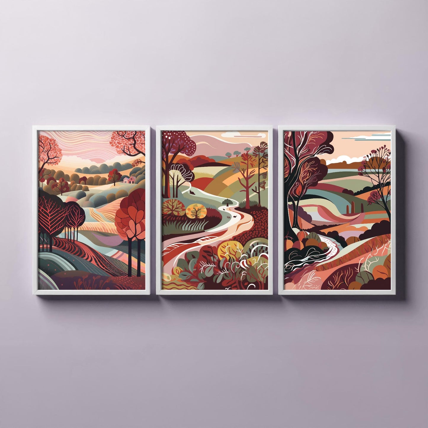 Landscape Illustrations in Maroon - Set of Three Abstract Prints - Yorkshire Dales, North Poster, Wales Art, Painting Valley Settle Skipton