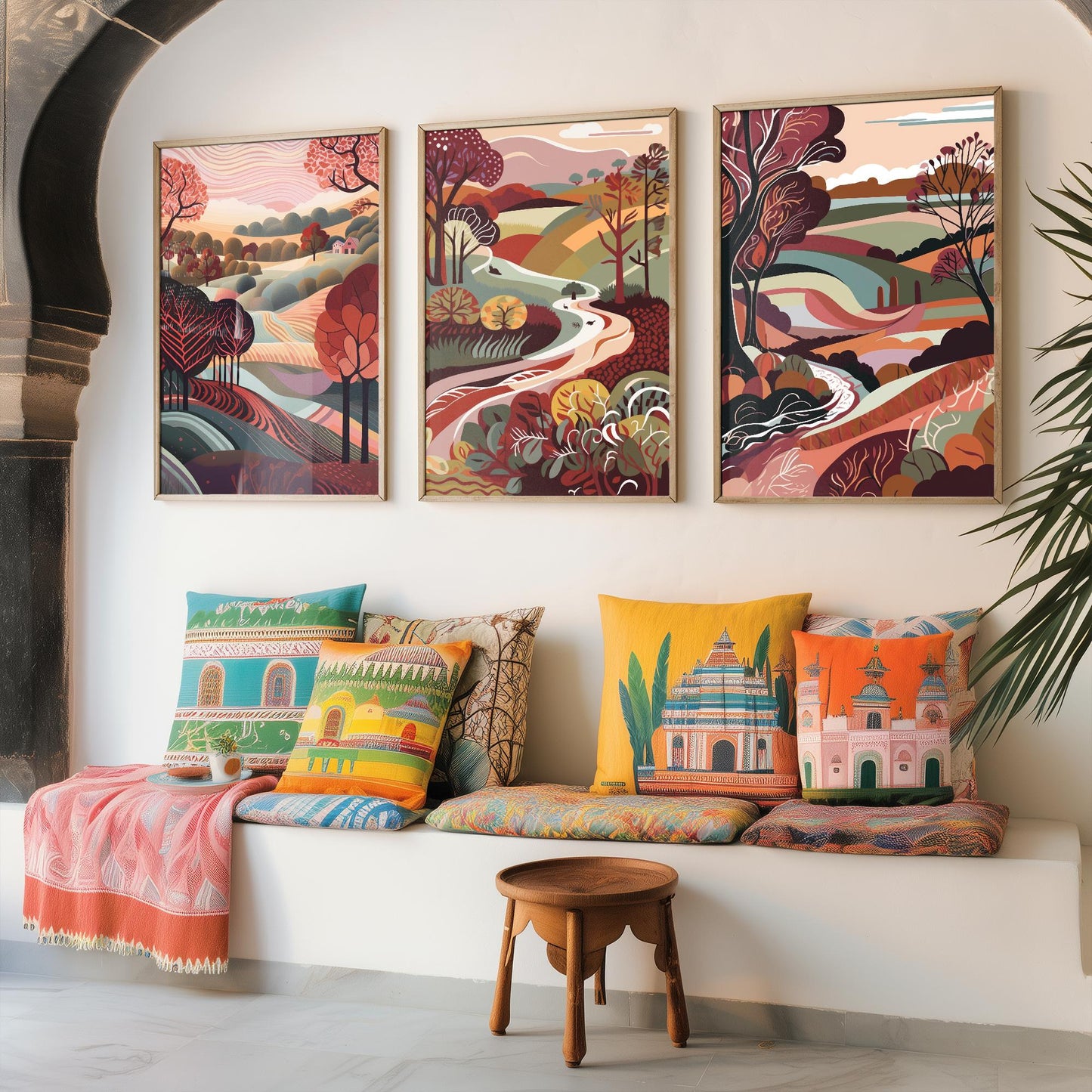 Landscape Illustrations in Maroon - Set of Three Abstract Prints - Yorkshire Dales, North Poster, Wales Art, Painting Valley Settle Skipton