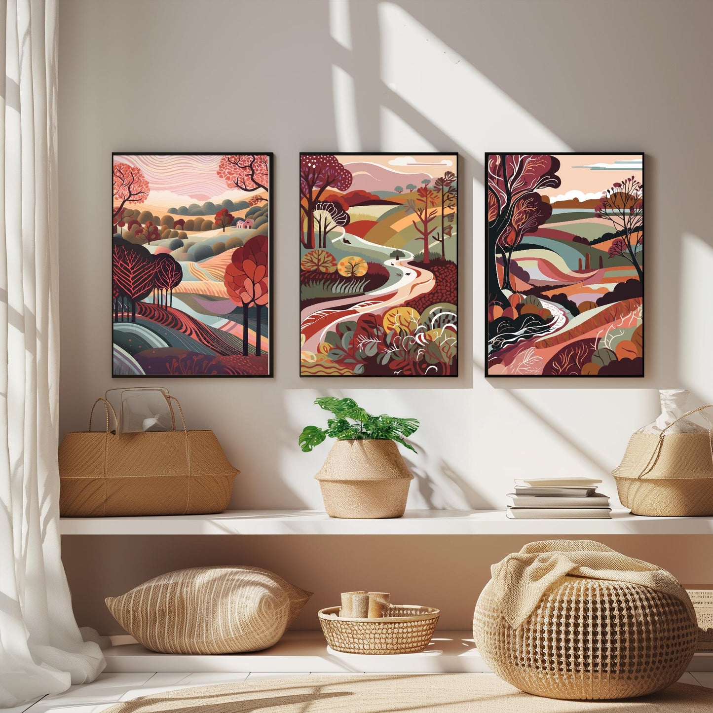 Landscape Illustrations in Maroon - Set of Three Abstract Prints - Yorkshire Dales, North Poster, Wales Art, Painting Valley Settle Skipton