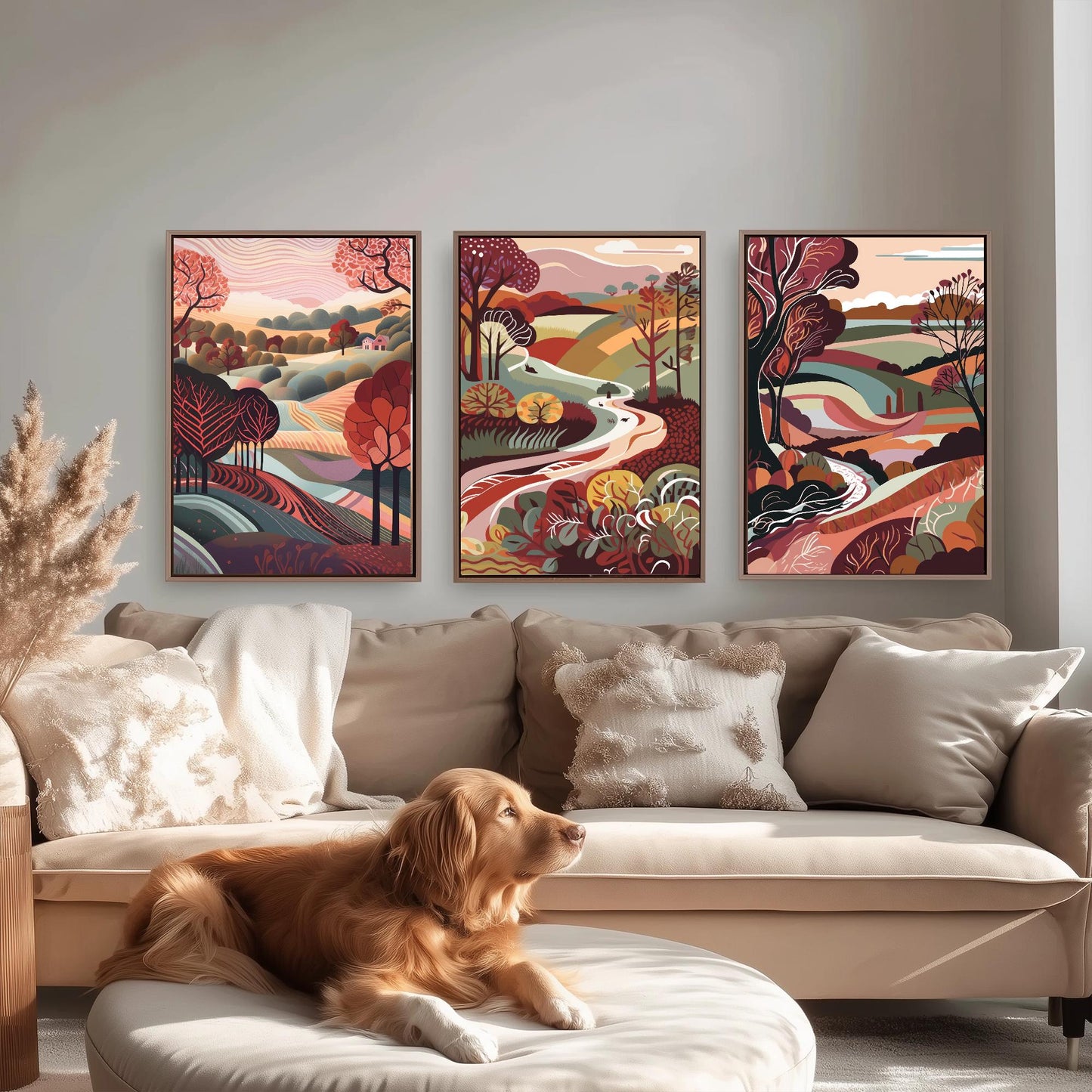 Landscape Illustrations in Maroon - Set of Three Abstract Prints - Yorkshire Dales, North Poster, Wales Art, Painting Valley Settle Skipton