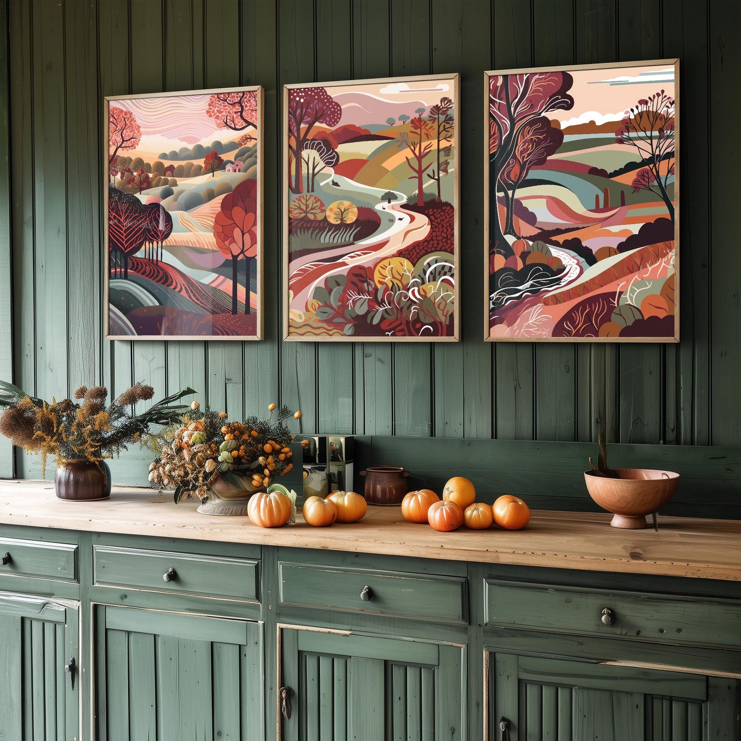 Landscape Illustrations in Maroon - Set of Three Abstract Prints - Yorkshire Dales, North Poster, Wales Art, Painting Valley Settle Skipton