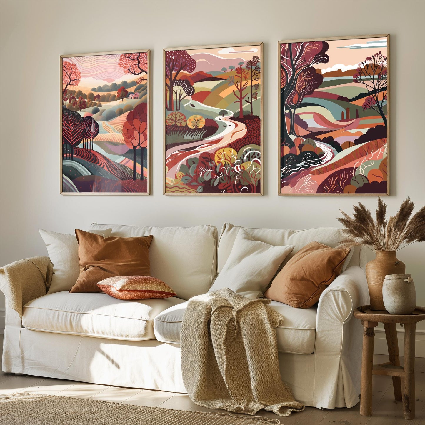 Landscape Illustrations in Maroon - Set of Three Abstract Prints - Yorkshire Dales, North Poster, Wales Art, Painting Valley Settle Skipton