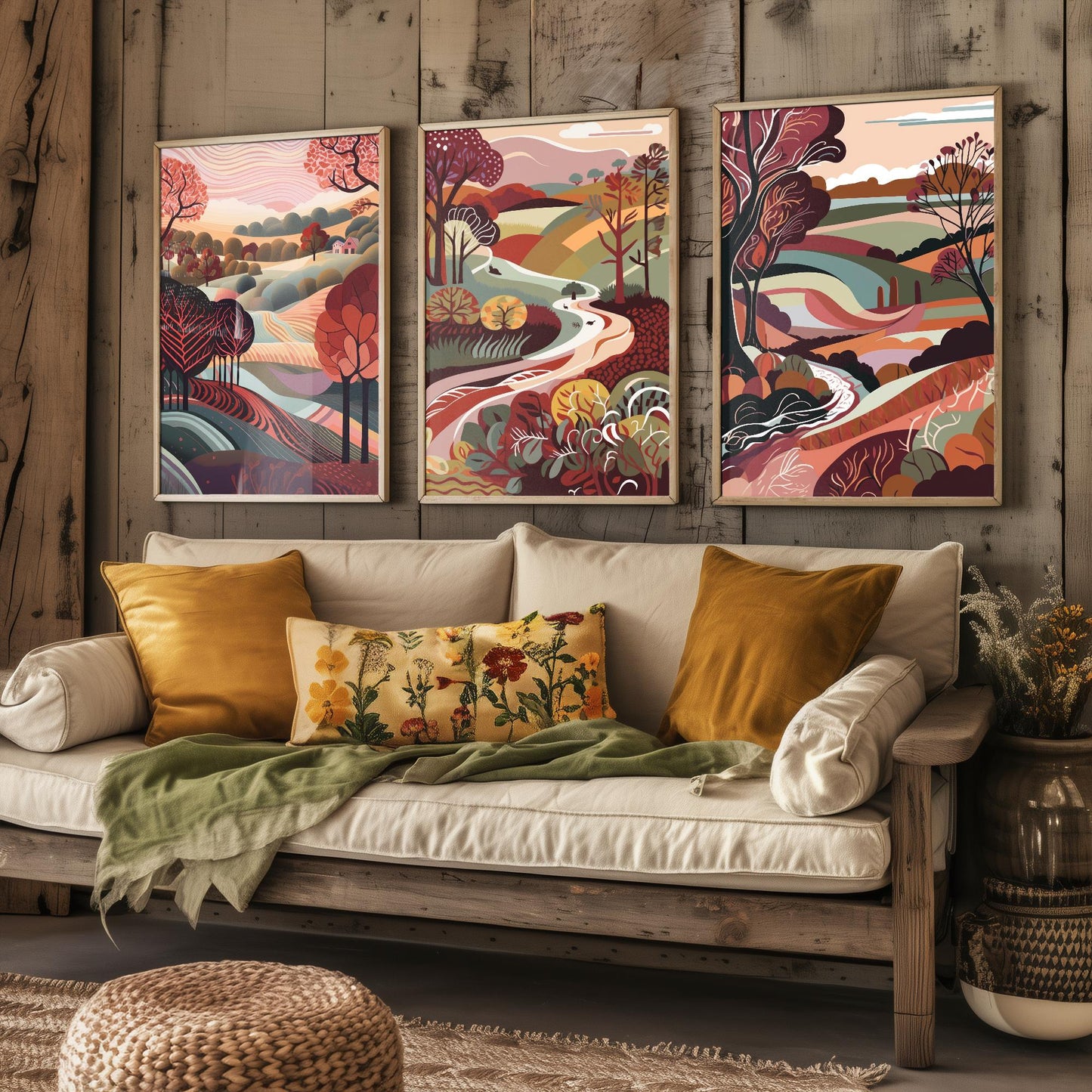 Landscape Illustrations in Maroon - Set of Three Abstract Prints - Yorkshire Dales, North Poster, Wales Art, Painting Valley Settle Skipton
