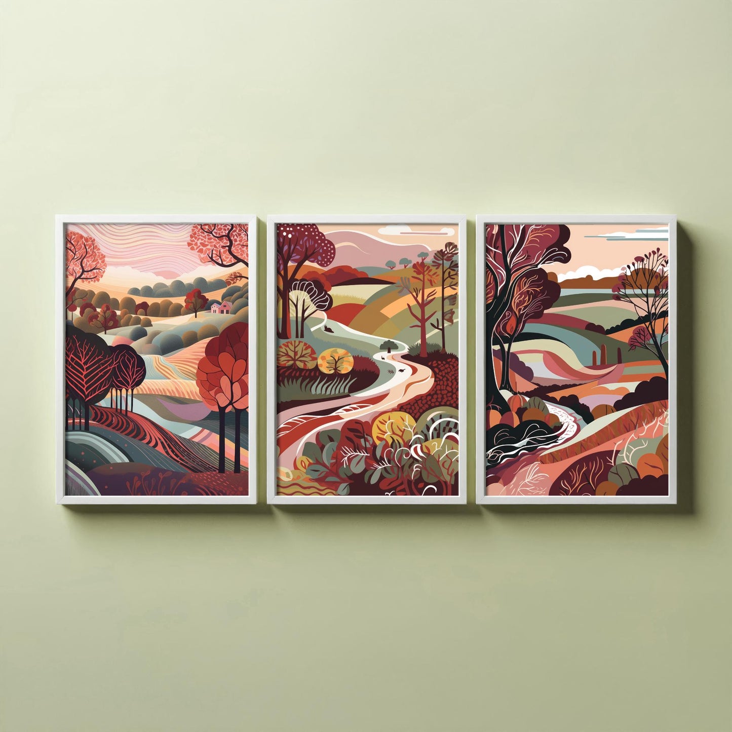 A Landscape in Maroon Set of Three Art Prints - 3 Folk Art Rolling Hills Posters - Burgundy Autumn Countryside Illustration