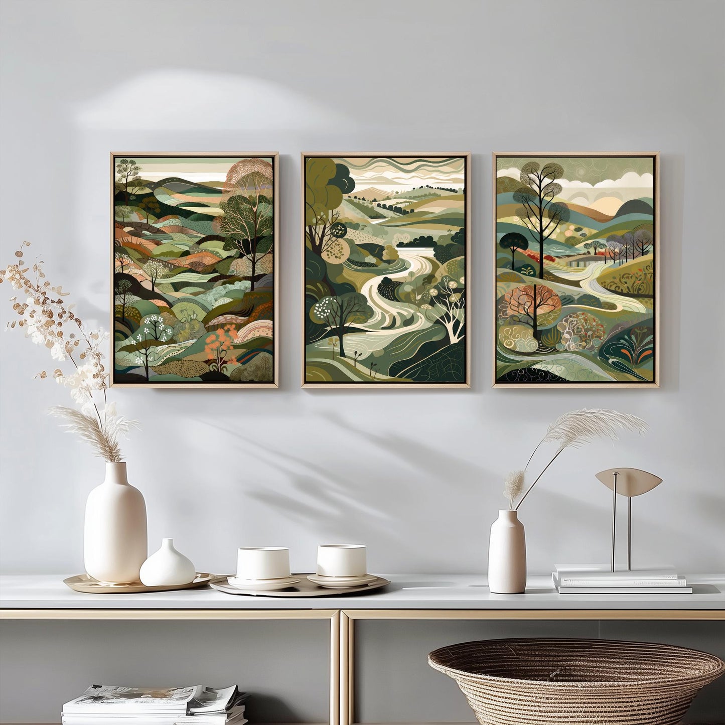Landscape Illustrations in Olive Green - Set of Three Abstract Art Prints - South Downs Poster