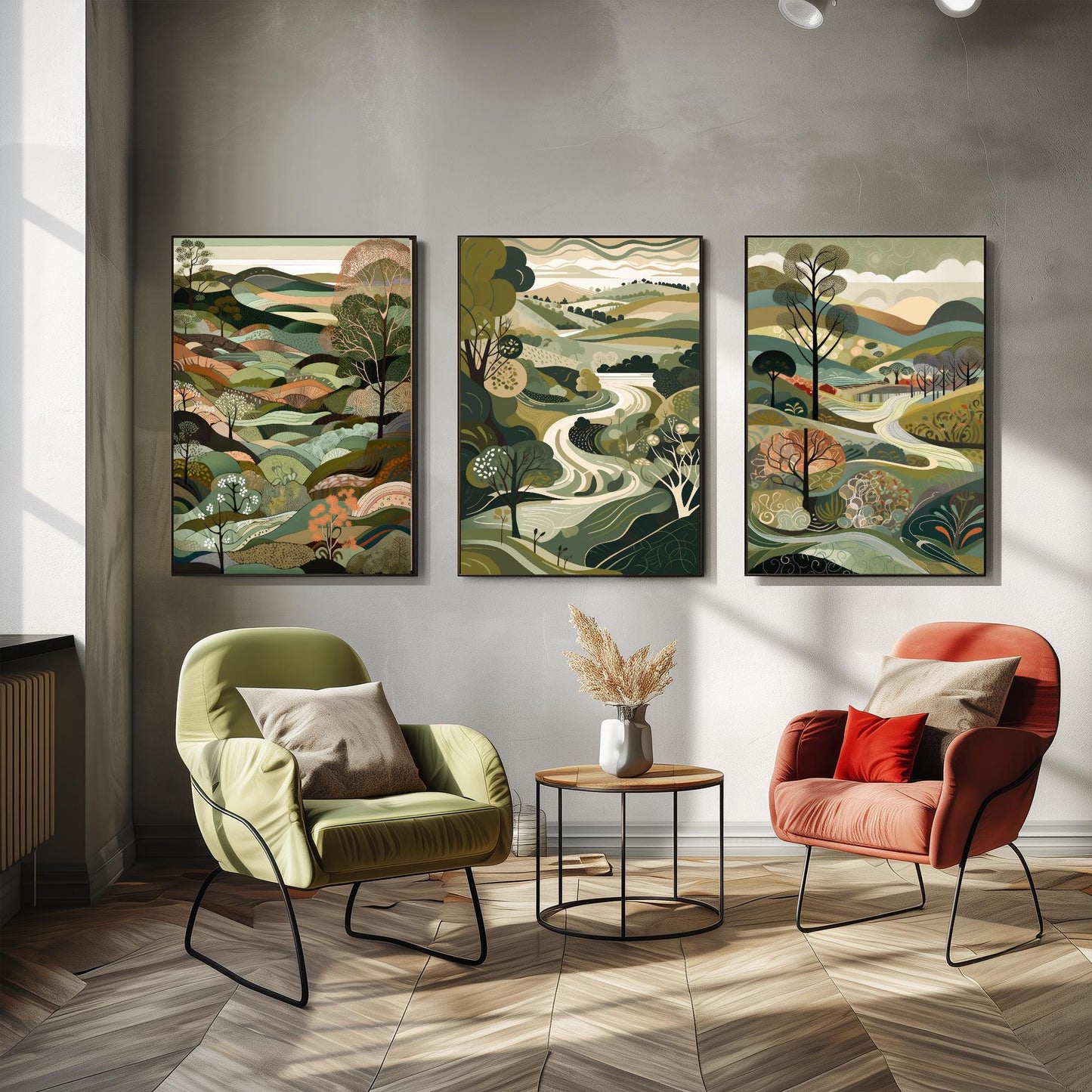 Landscape Illustrations in Olive Green - Set of Three Abstract Art Prints - South Downs Poster
