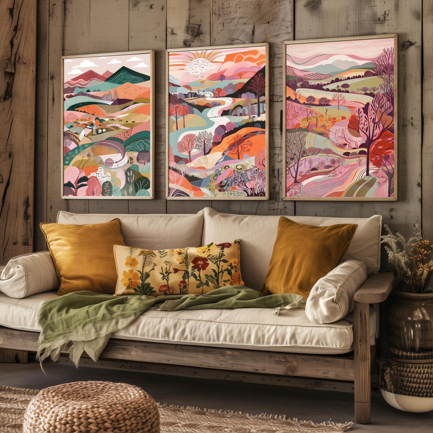 Landscape Illustrations in Pink - Set of Three Abstract Prints - Brecon Beacons Poster Wales