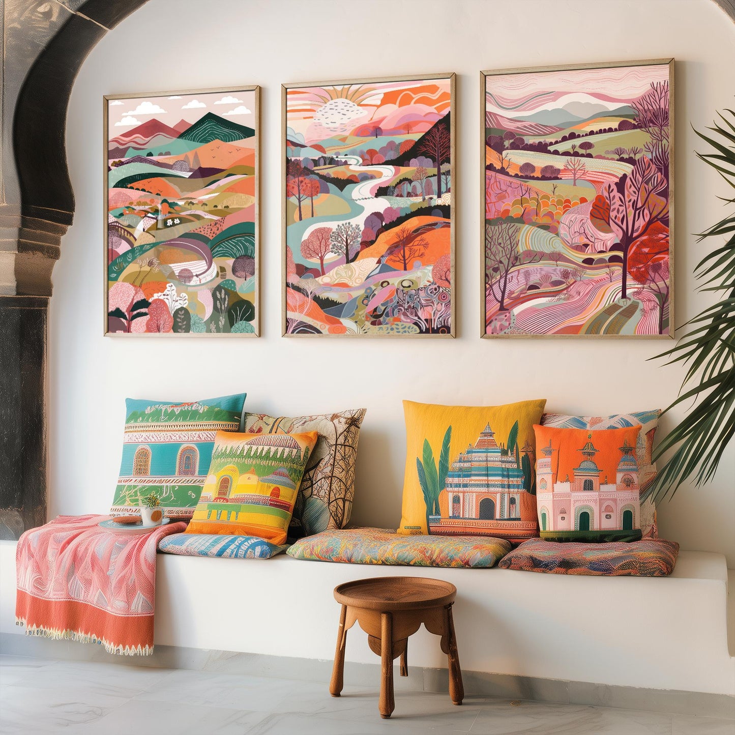 Landscape Illustrations in Pink - Set of Three Abstract Prints - Brecon Beacons Poster Wales