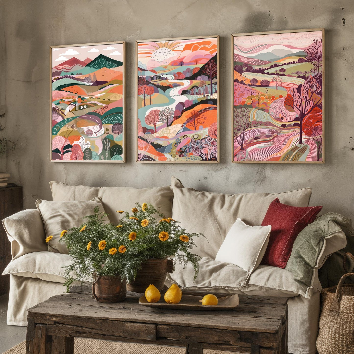 Landscape Illustrations in Pink - Set of Three Abstract Prints - Brecon Beacons Poster Wales