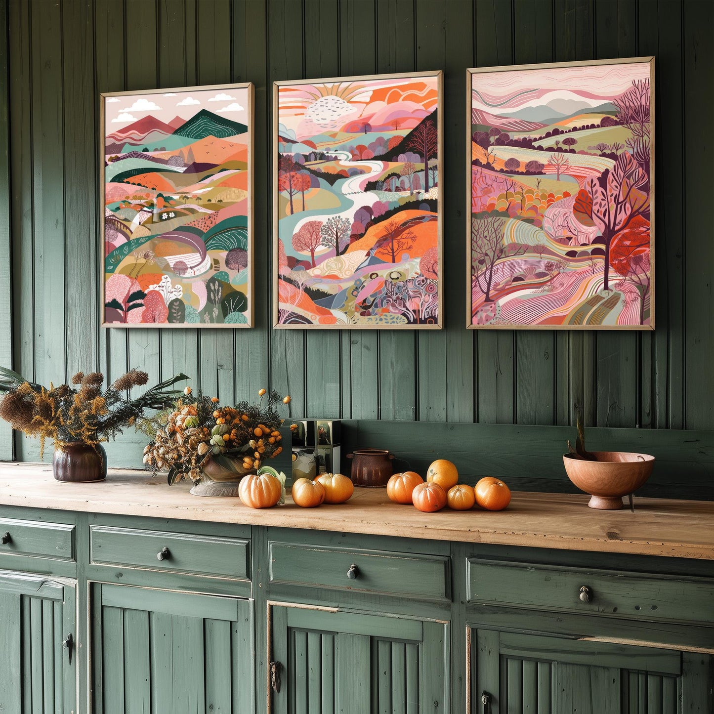 Landscape Illustrations in Pink - Set of Three Abstract Prints - Brecon Beacons Poster Wales