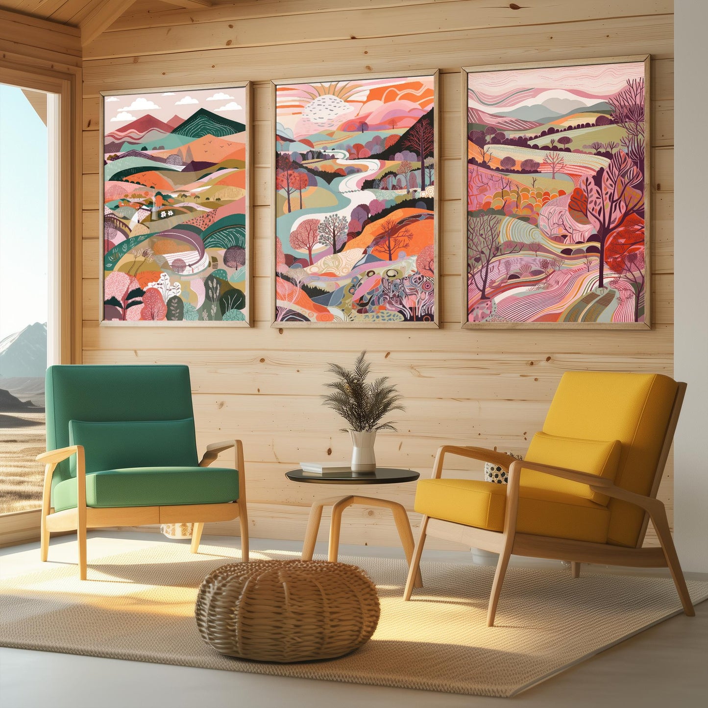 Landscape Illustrations in Pink - Set of Three Abstract Prints - Brecon Beacons Poster Wales