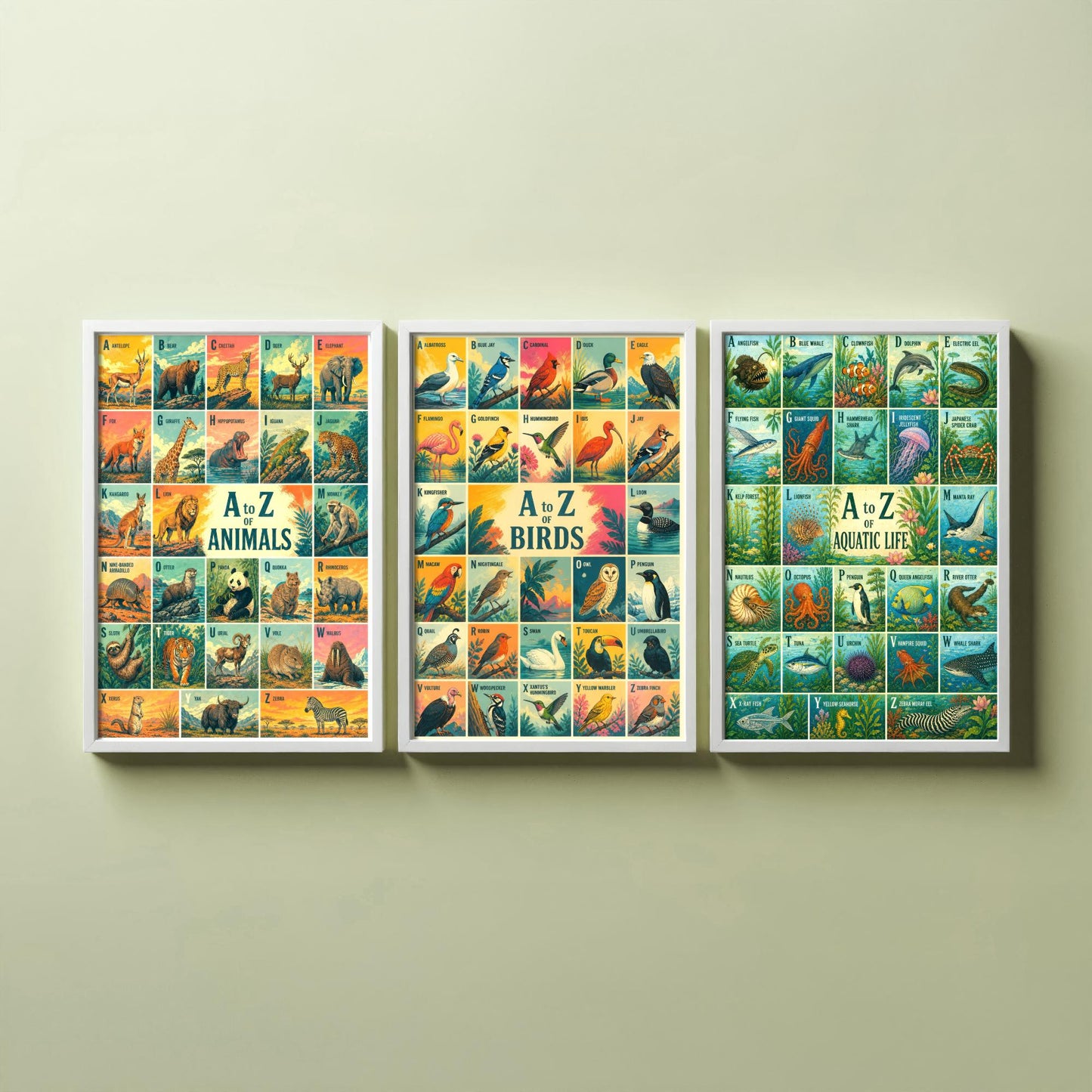 A to Z of Animals, Birds & Aquatic Life Set of Three Art Prints - 3 Colourful Retro Alphabet Posters - Kids Illustration Chart