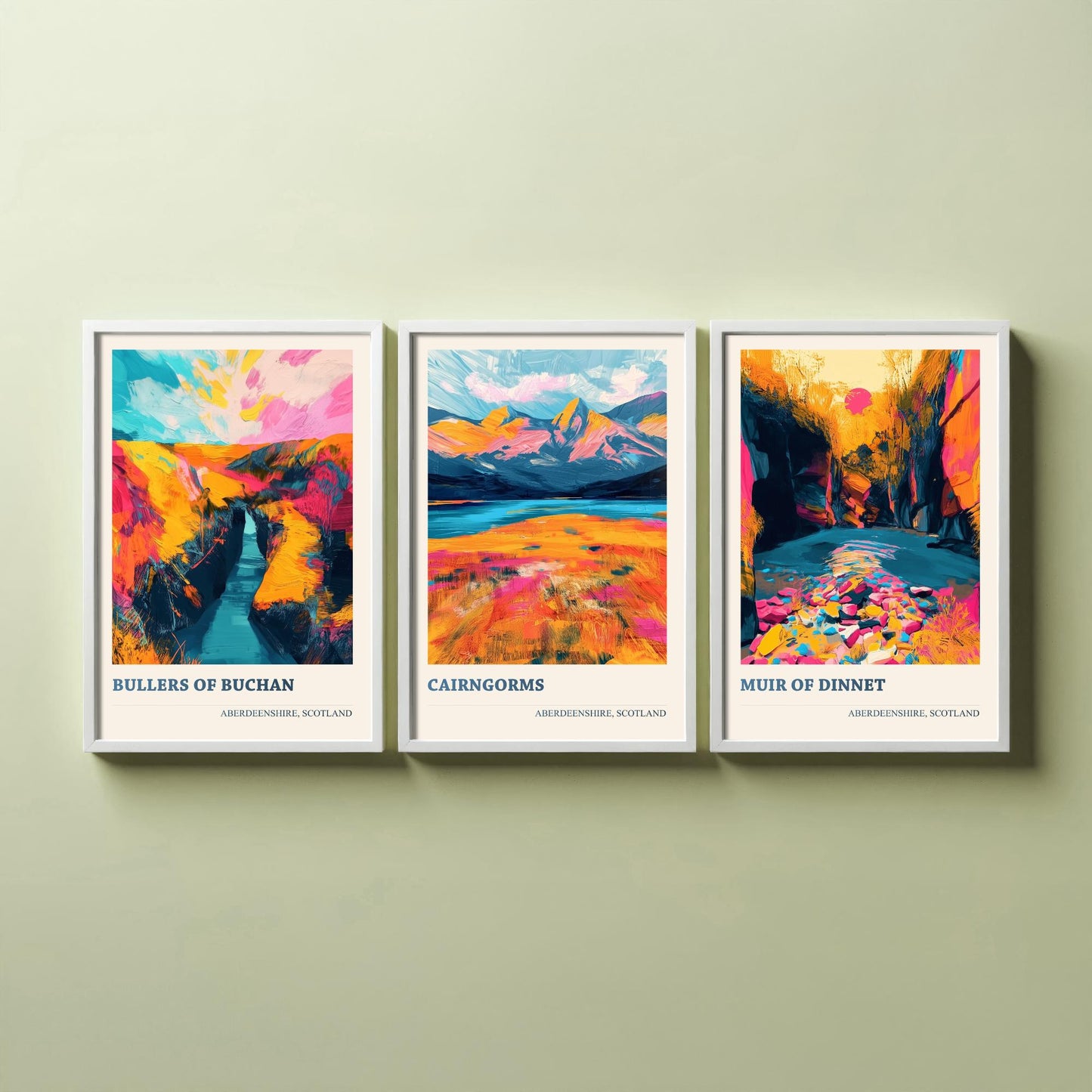Aberdeenshire Scotland Set of Three Art Prints | Bullers of Buchan Cairngorms Muir of Dinnet | Vibrant Impasto Painting Poster