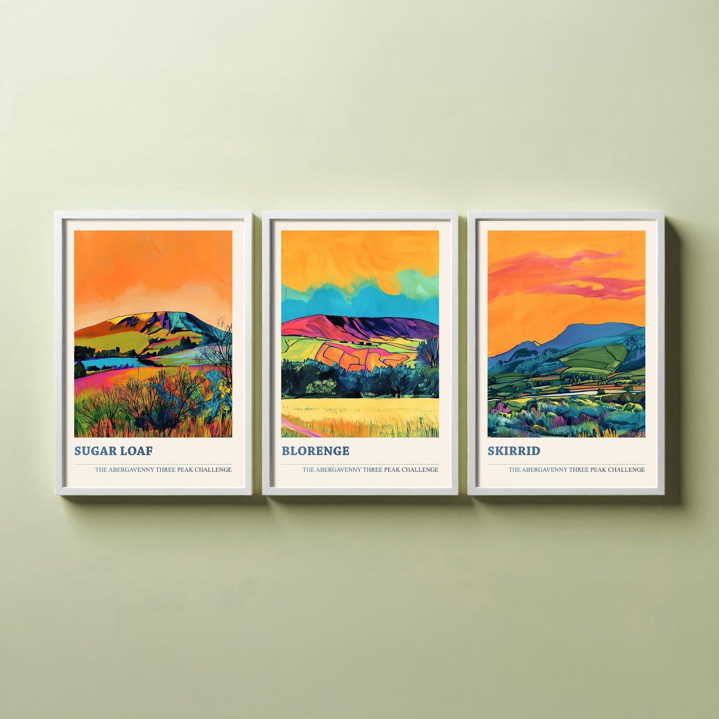 Abergavenny Three Peak Challenge Prints - Set of Three Sugar Loaf, Blorenge, Skirrid Posters - Orange Jet Bold Wales Art - Painting