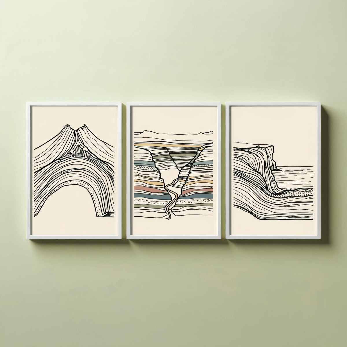 Volcano, River Gorge & Sea Cliff Set of Three Art Prints - Abstract Contour Line Art - Black White Geology Poster Illustration V1