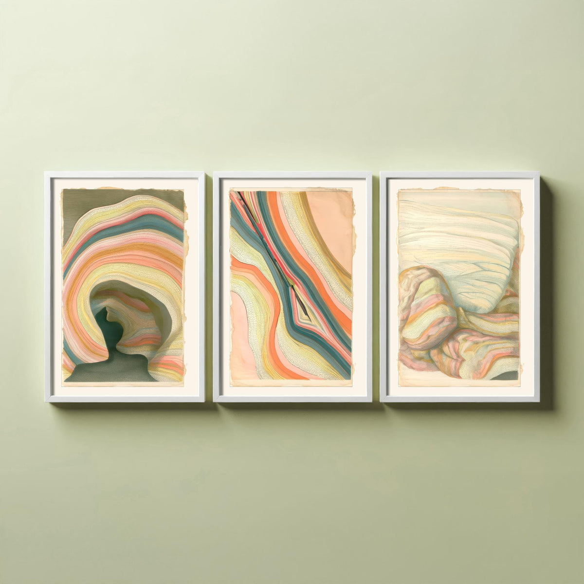 Strata Cave, Fault Seam & Folded Rock Set of Three Art Prints - Abstract Earth Landscape Poster - Coral Teal Geology Illustration V2