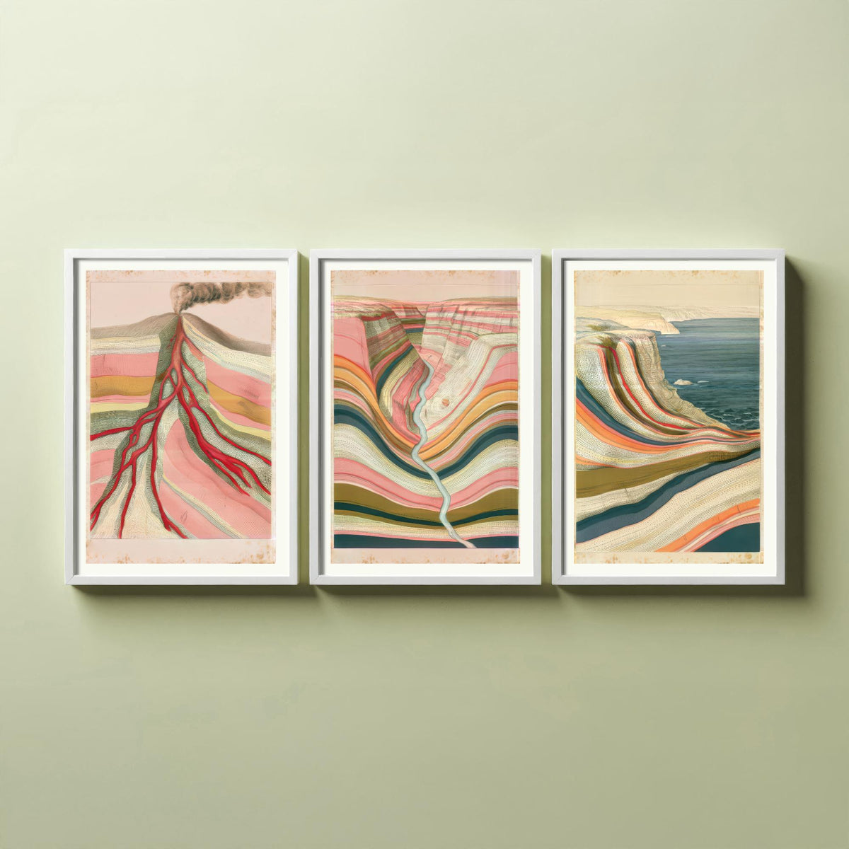 Pastel Coastal Strata Set of Three Art Prints - Smoking Volcano, Pink Canyon & Sea Cliff - Abstract Landscape Geology Poster Illustration V1