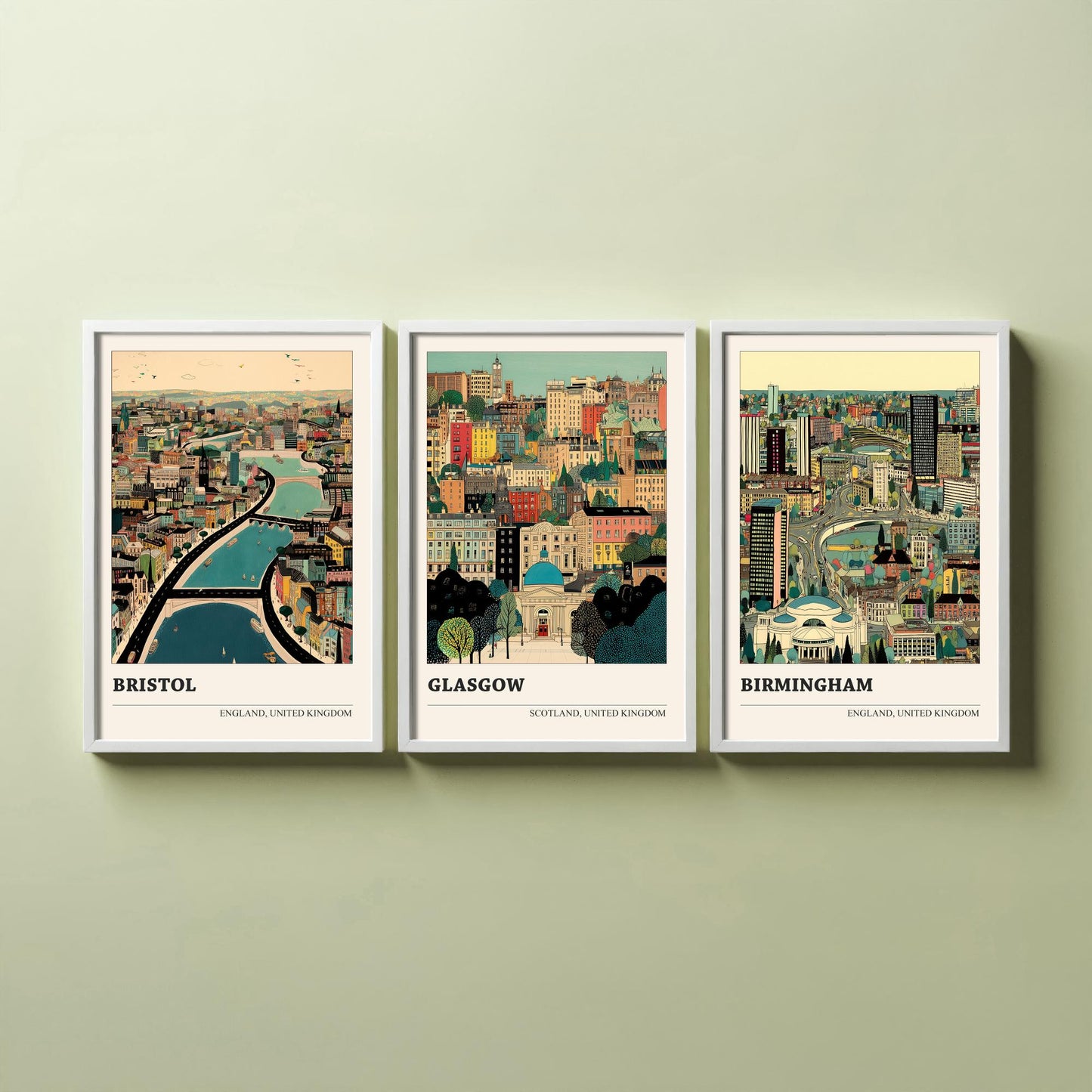 Set of Three UK City Art Prints - Bristol, Glasgow, Birmingham - 3 Detailed British Cityscape Illustration Posters - Travel Decor Gift