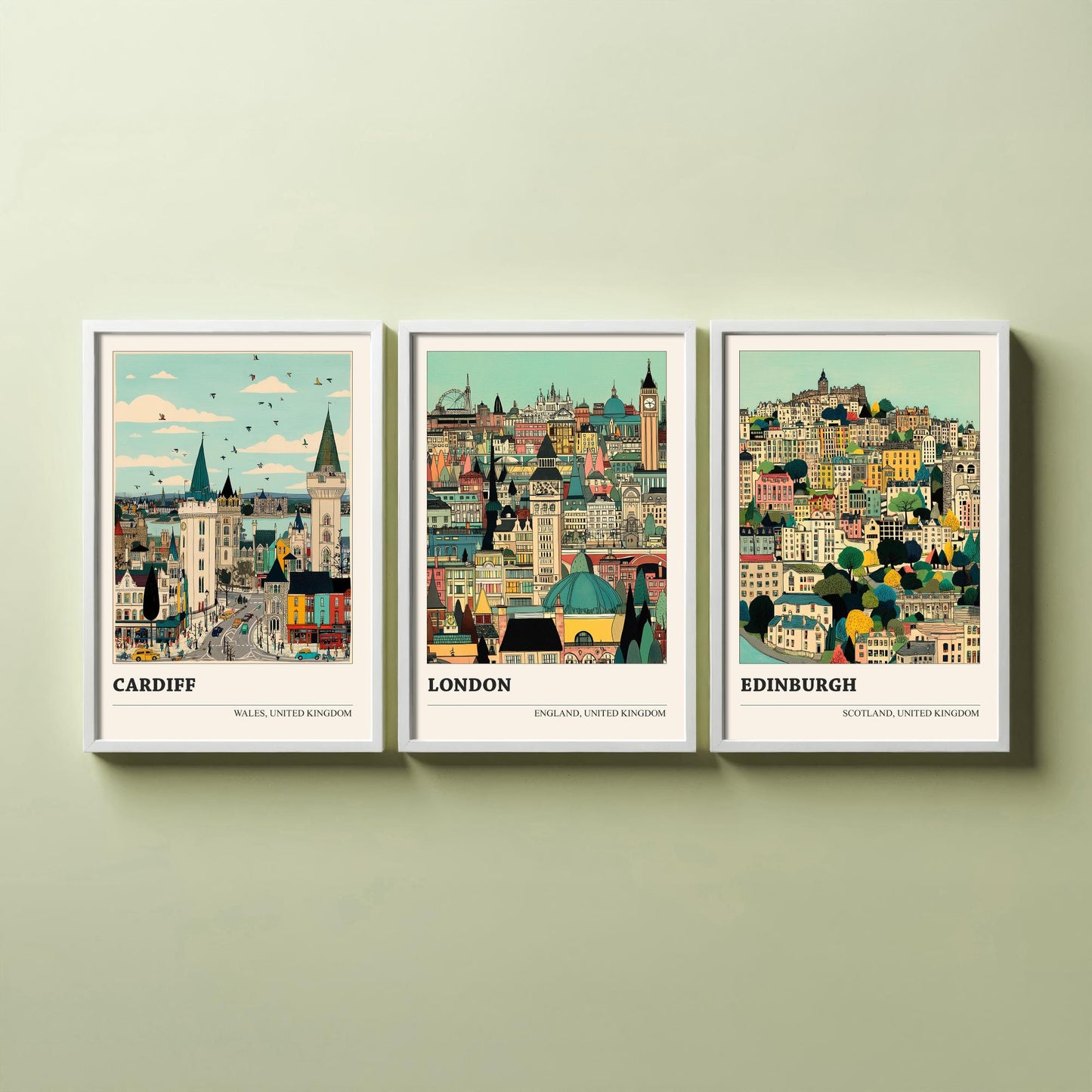 Set of Three UK Capital City Art Prints - Cardiff, London, Edinburgh - 3 Detailed Cityscape Illustration Posters - Travel Gift Decor
