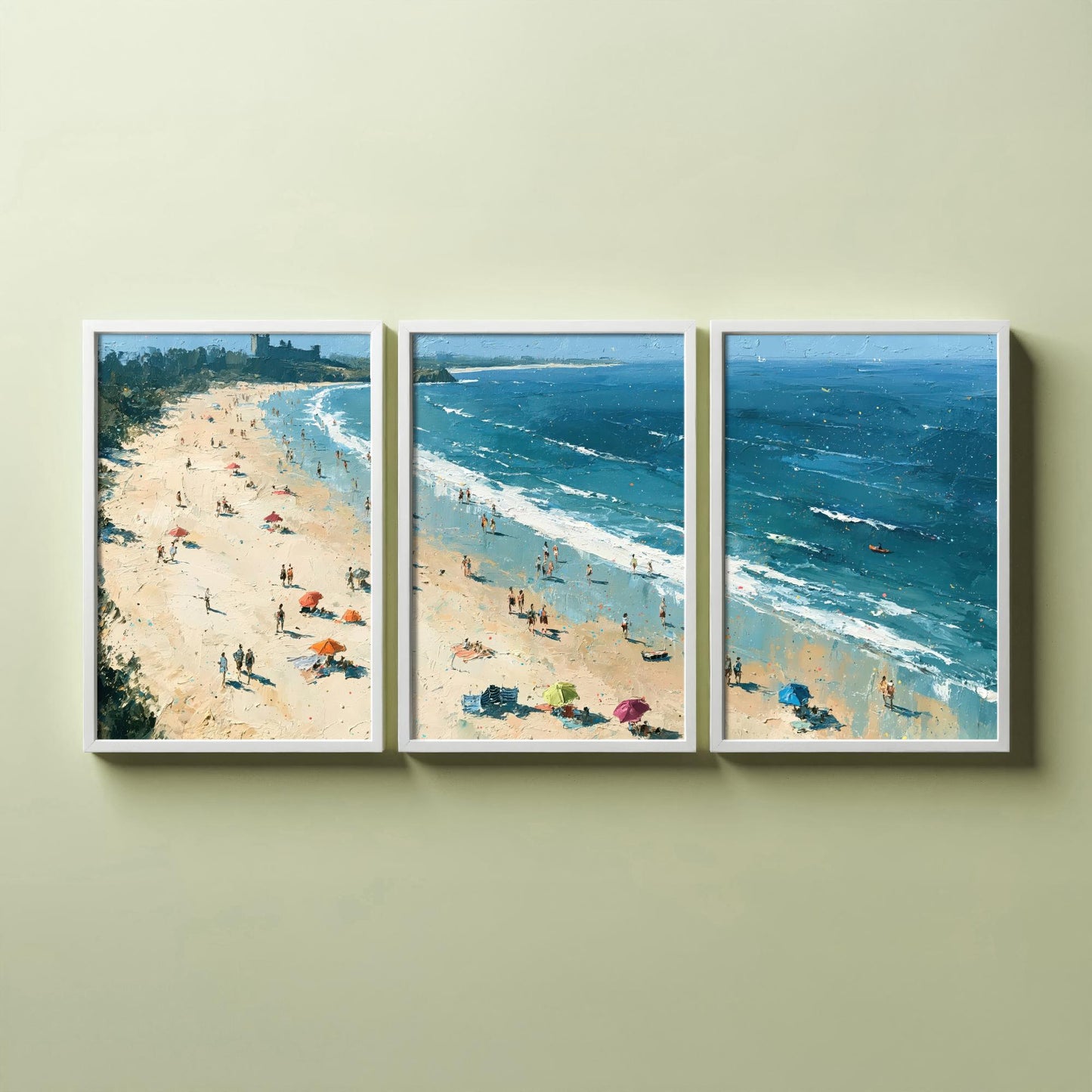 Set of Three Bamburgh Beach Prints - Aerial Coastal Oil Painting Posters - Colourful Seaside Wall Art - England
