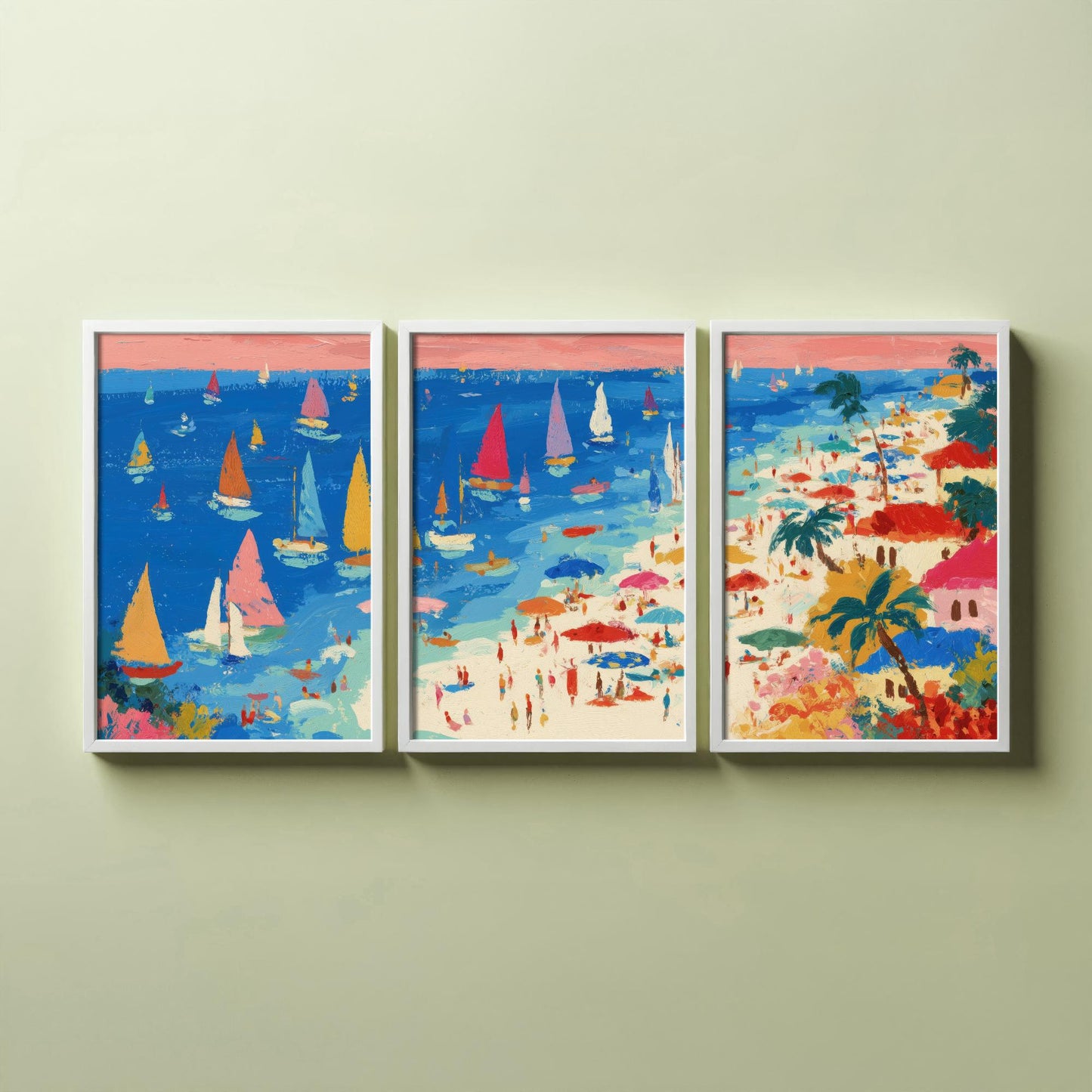 Porthminster Beach Set of Three Prints - Aerial St Ives Cornwall Posters - Palette Knife Oil Painting - Sailboats Wall Art