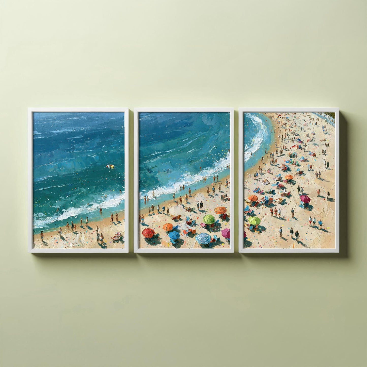 Set of Three Tynemouth Longsands Prints - Aerial Coastal Oil Painting Posters - Colourful Seaside Wall Art - England