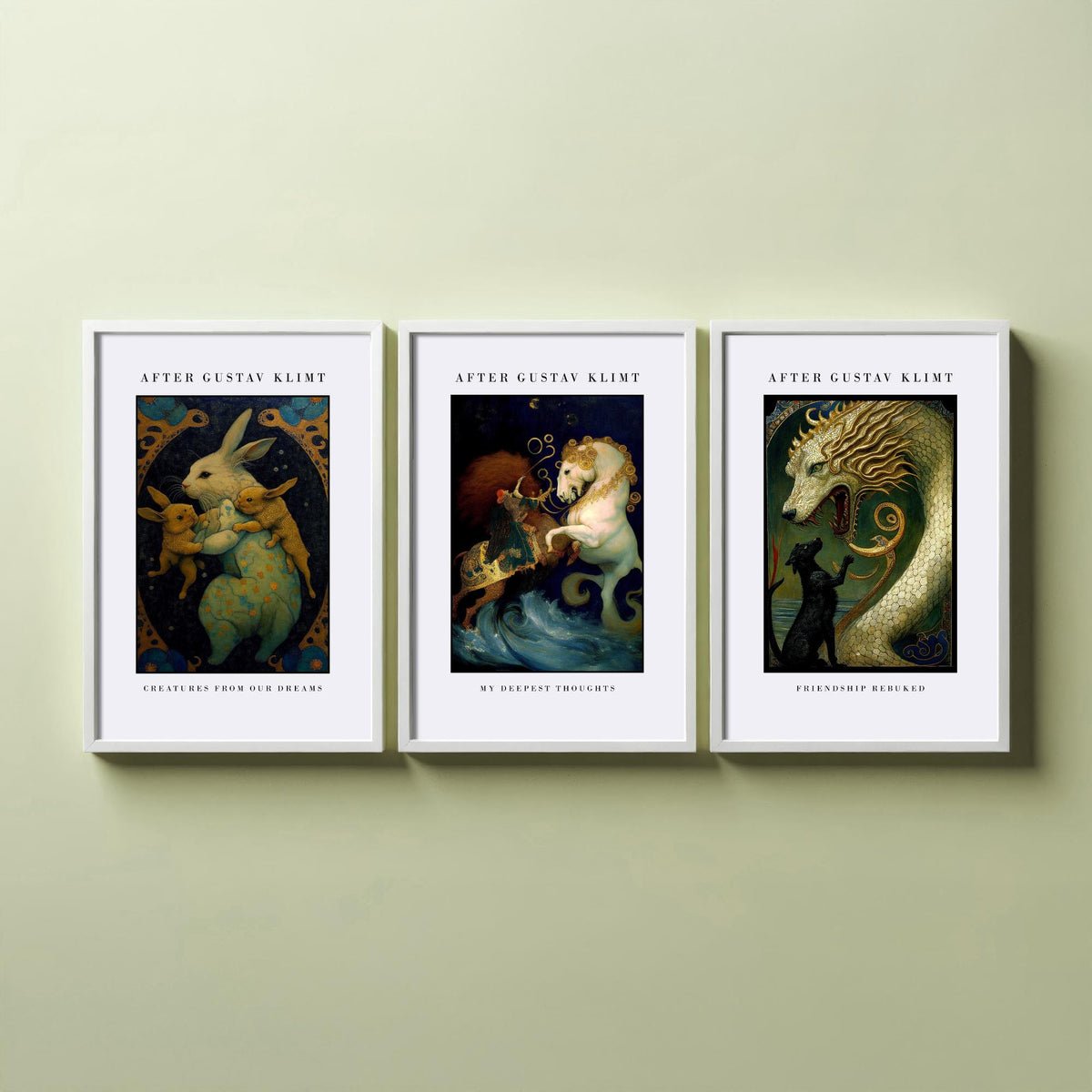 After Gustav Klimt Animals Set of Three Art Prints - Golden Rabbits, Horse, Dragon and Cat - Art Nouveau Poster Painting