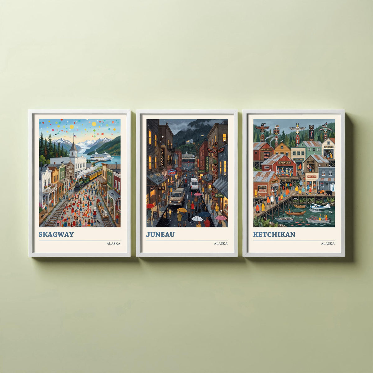 Alaska Set of Three Art Prints - Skagway, Juneau, Ketchikan - 3 Colourful Folk Illustration Travel Posters - Alaskan Painting