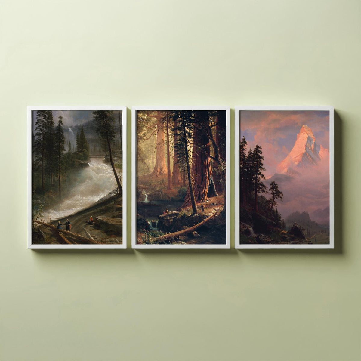 Albert Bierstadt Set of Three Art Prints - Mountain Waterfall, Giant Redwoods, Matterhorn - Romantic Landscape Painting Poster