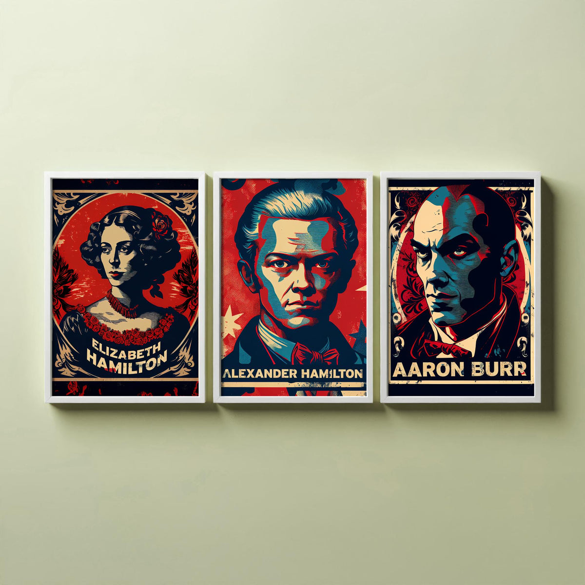 Alexander Hamilton Set of Three Art Prints - Elizabeth Hamilton, Alexander Hamilton, Aaron Burr - Vintage Propaganda Poster Illustration
