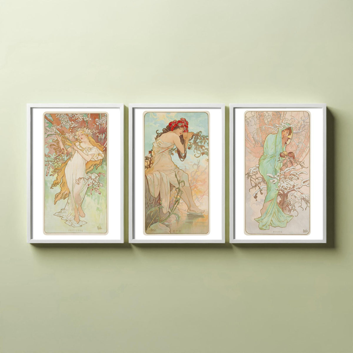 Alphonse Mucha Seasons Set of Three Art Prints - Spring, Summer, Winter - Art Nouveau Lithograph Poster Illustration