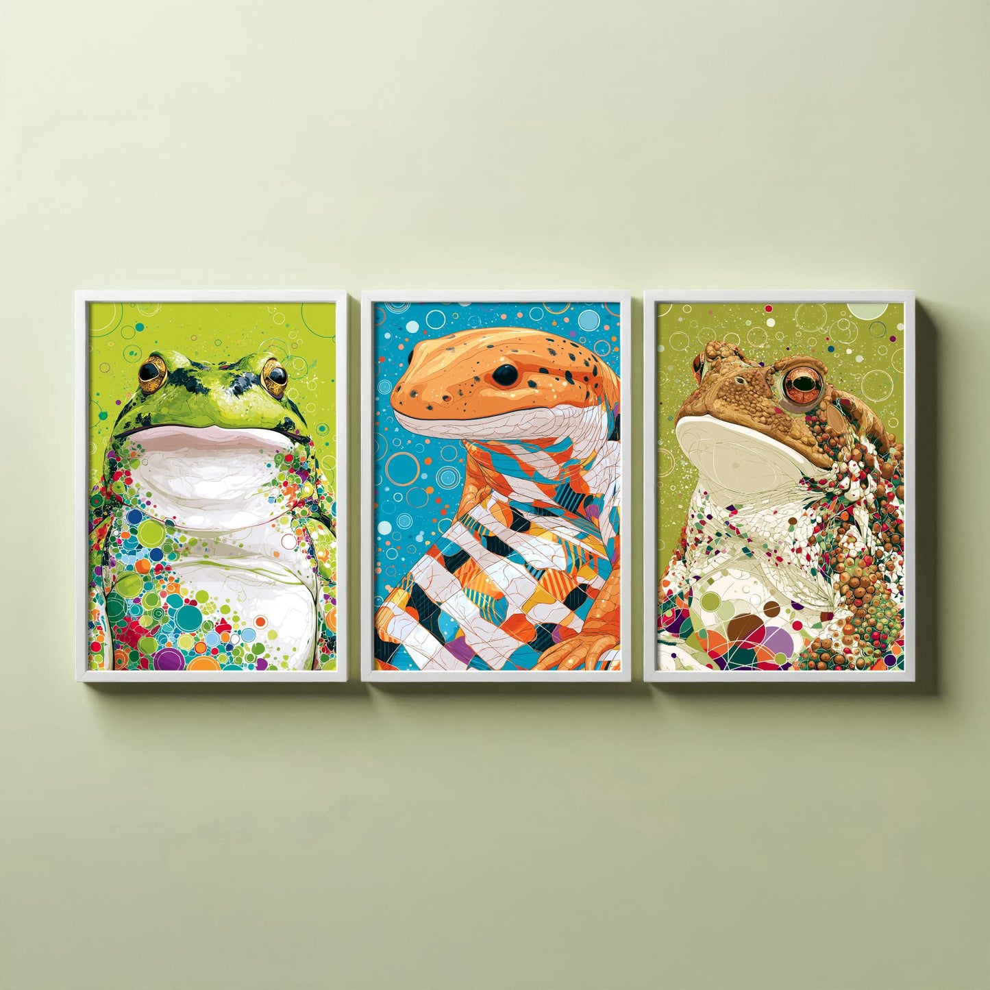 Amphibians Set of Three Art Prints - Frog, Salamander, Toad - Colourful Animal Wall Art Poster Painting Gift Nature Decor