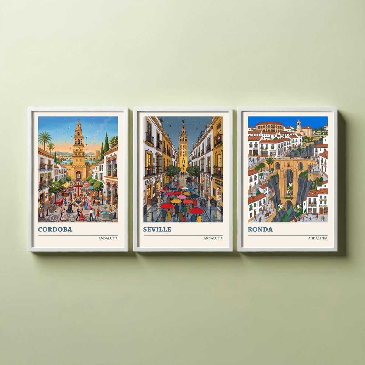 Andalusia Set of Three Art Prints - Cordoba, Seville, Ronda - 3 Colourful Folk Illustration Travel Posters - Spanish Painting