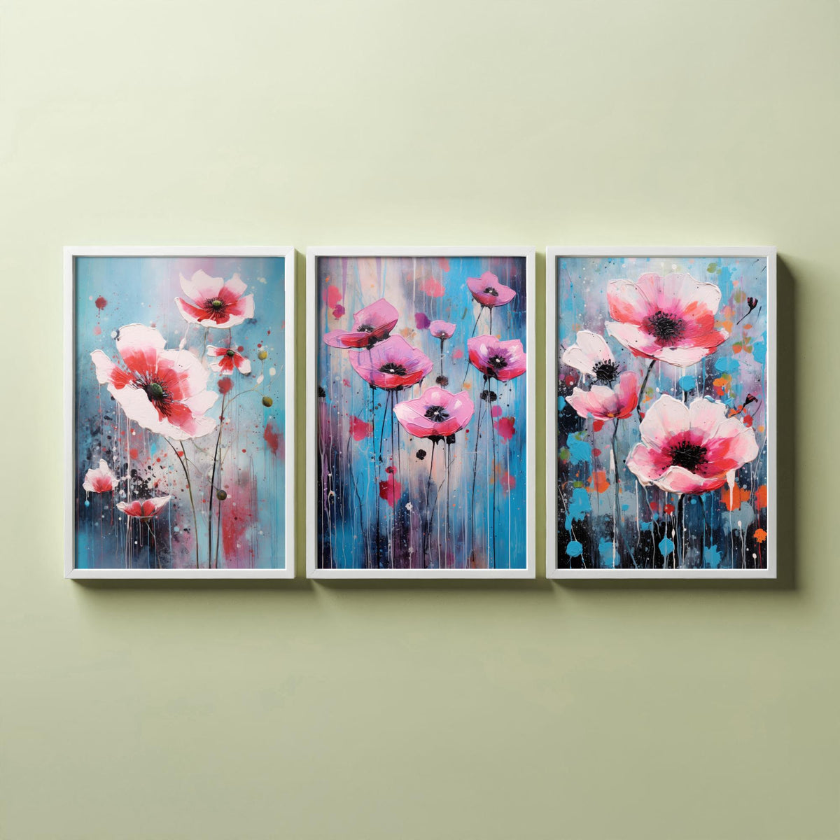 Anemones Set of Three Art Prints - Pink Flowers in Bold Colourful Brush Strokes - Abstract Floral Painting Poster
