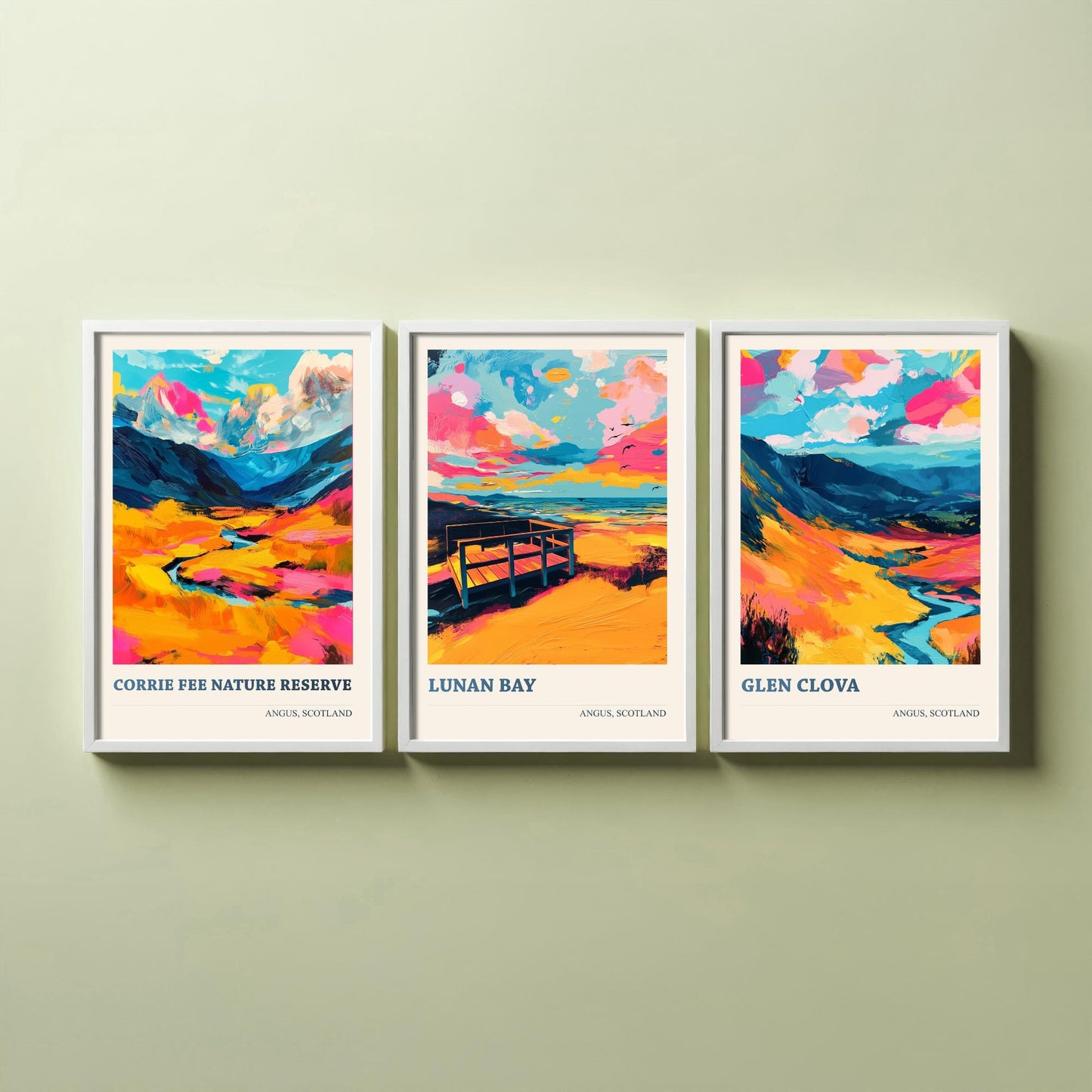 Angus Scotland Set of Three Prints | Corrie Fee Nature Reserve Lunan Bay Glen Clova | Colourful Scottish Wall Art Posters Painting