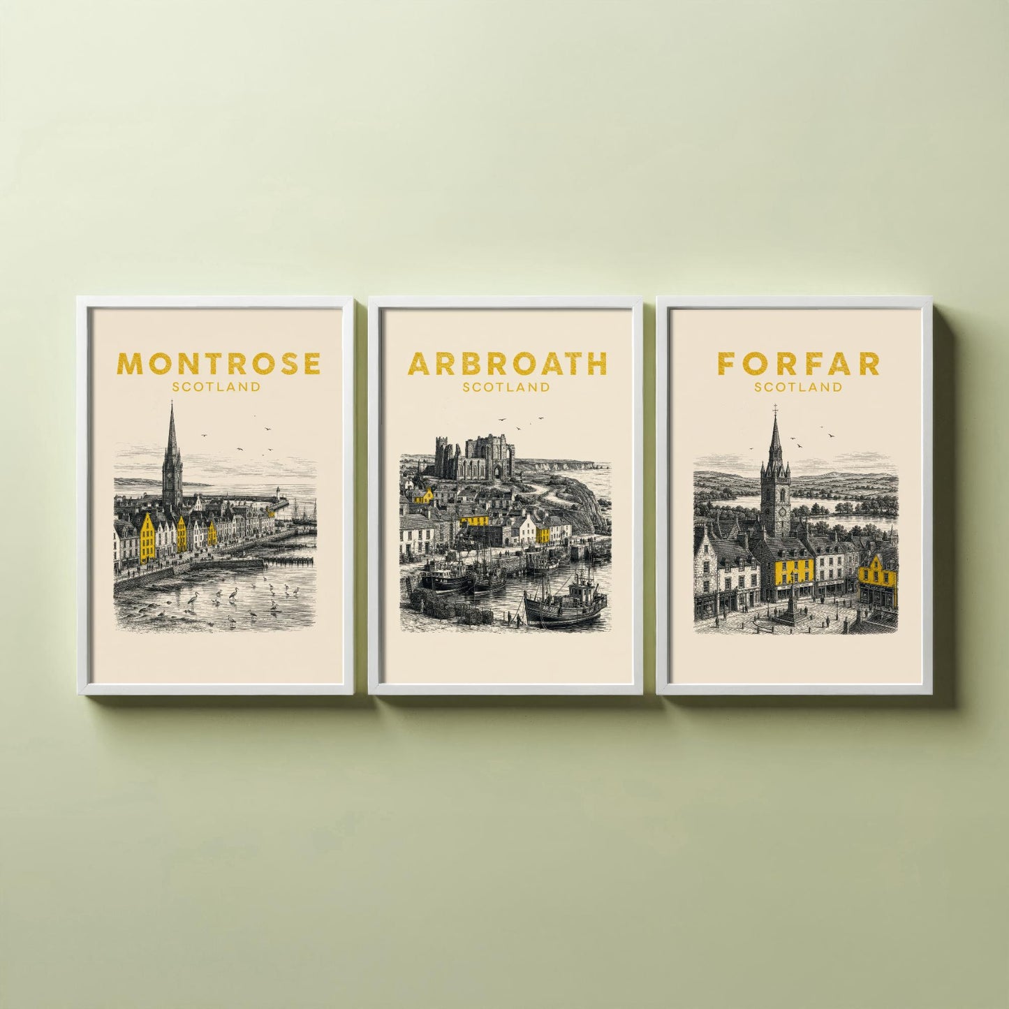 Set of Three Angus Travel Posters - Montrose, Arbroath, Forfar - Vintage Duotone Art Prints - Scotland Illustration Gift