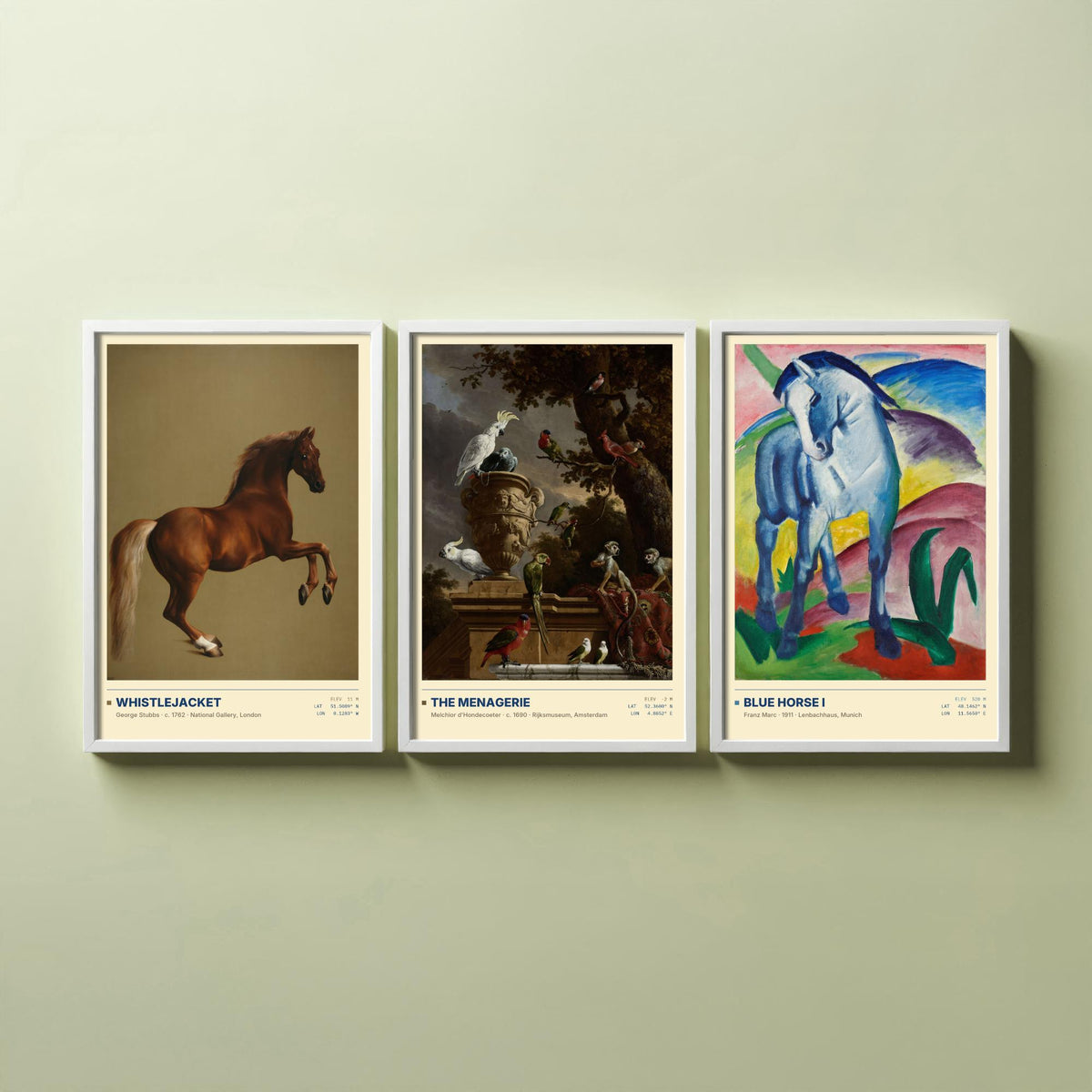Animal Portraits Set of Three Art Prints - Whistlejacket, Menagerie, Blue Horse I - Stubbs Hondecoeter Marc Gallery Posters - Paintings