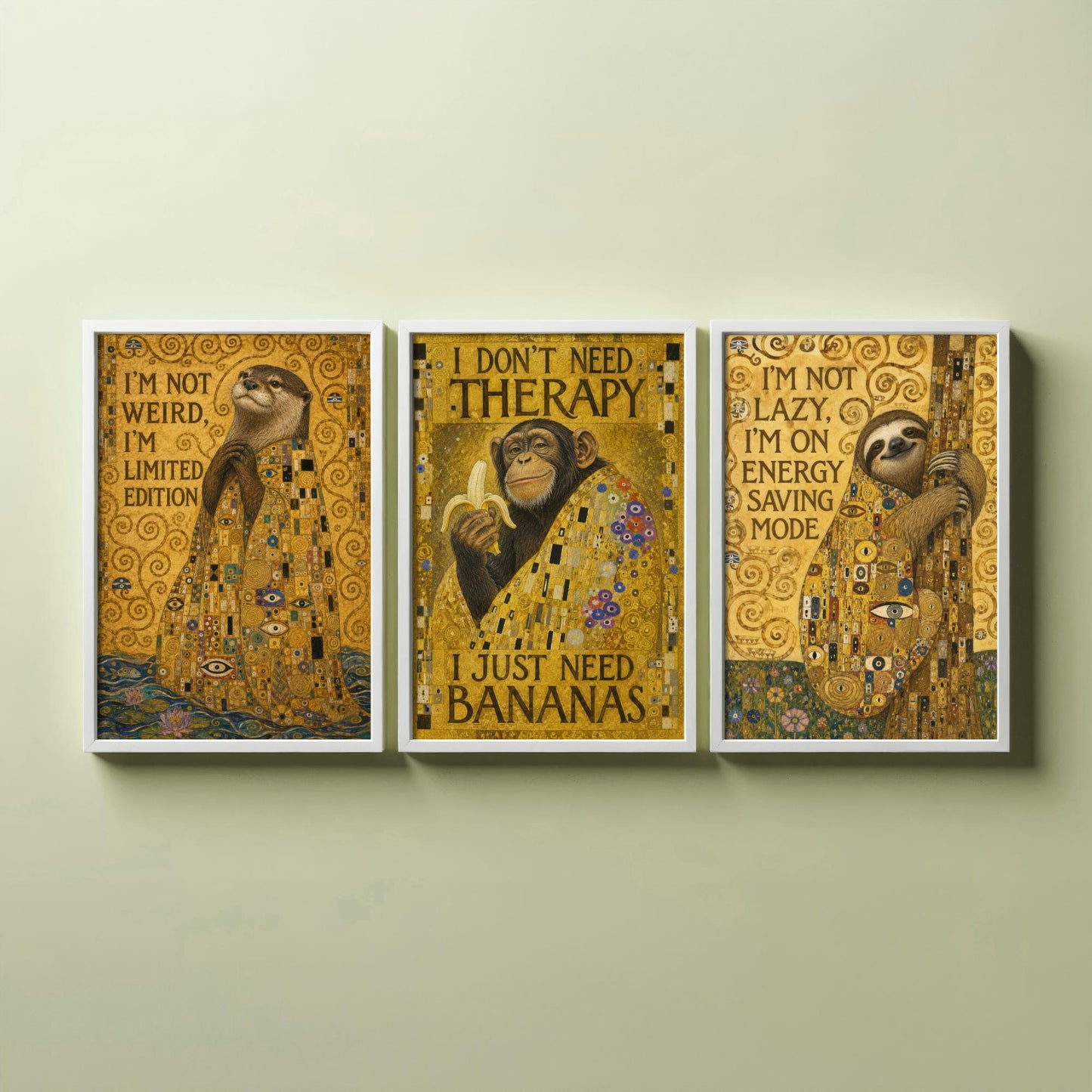 Klimt Animal Quotes Set of Three Art Prints - Otter, Chimp, Sloth - Funny Gold Poster Wall Art Gift Painting Humour Decor