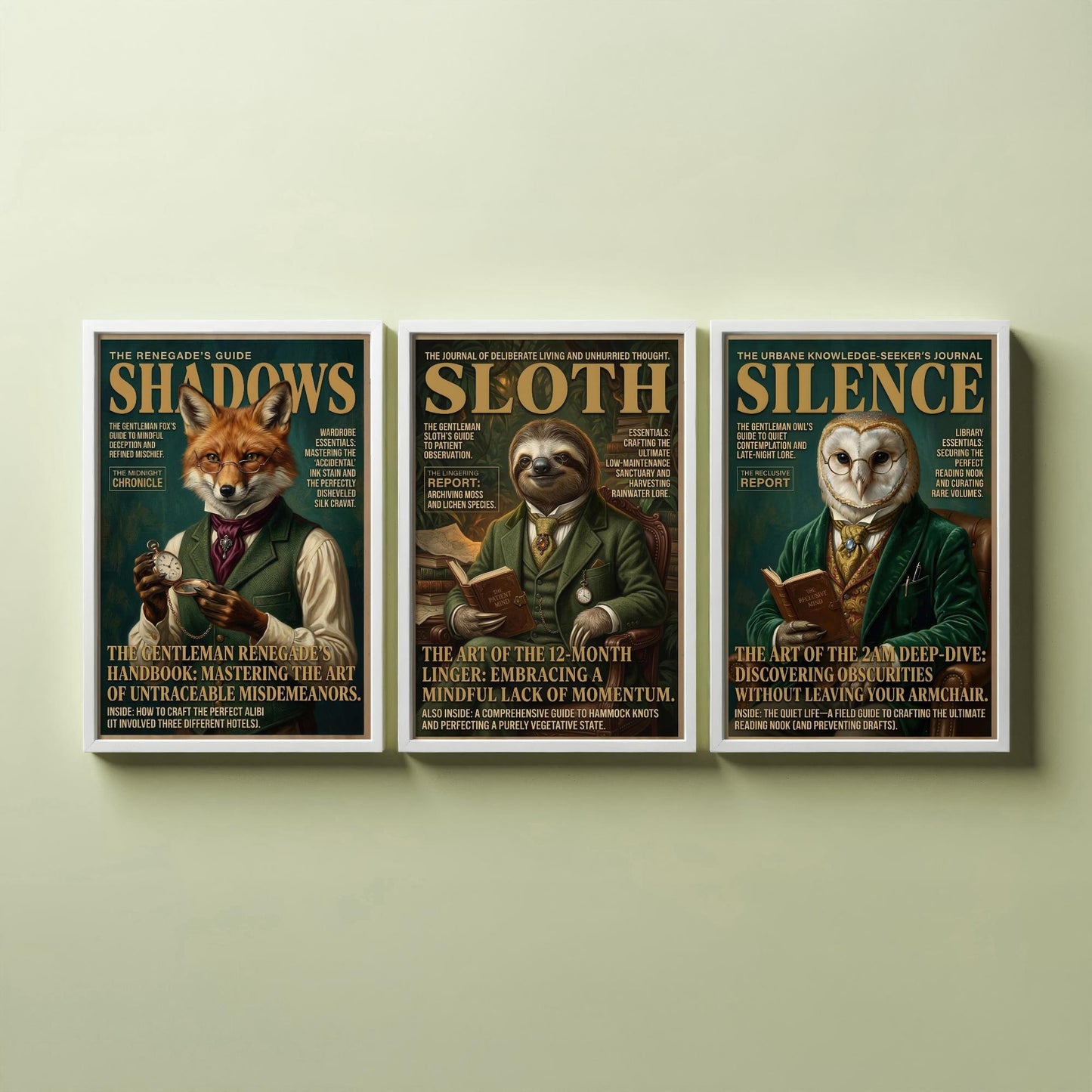 Animal Scholars Magazine Set of Three Art Prints - Fox, Sloth, Owl Portrait Posters - Dark Academia Illustration Painting