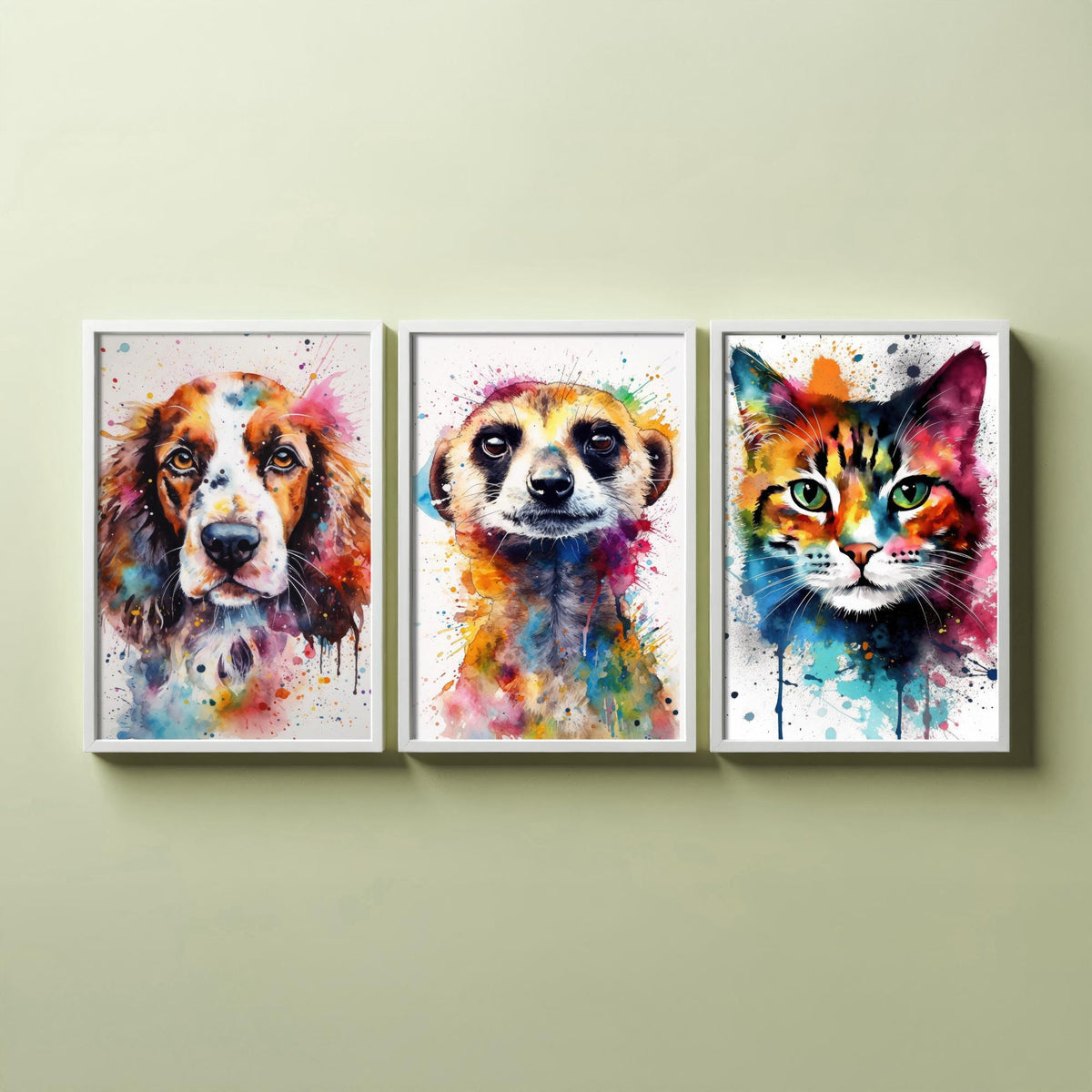 Watercolour Animal Faces Set of Three Art Prints - Dog, Meerkat, Cat - Rainbow Splash Pet Portrait Painting Poster