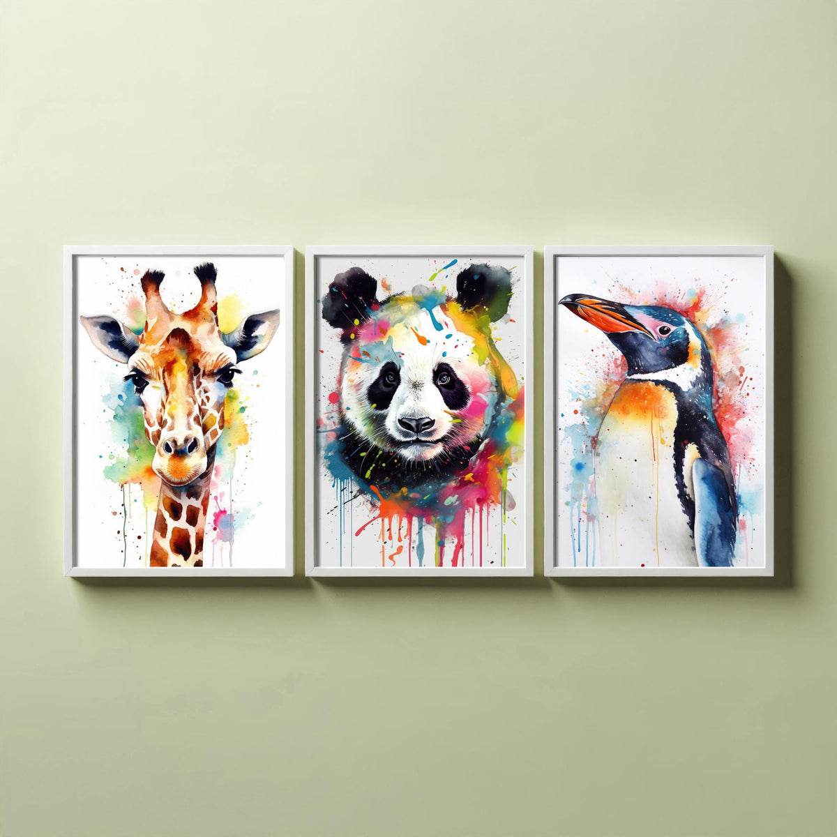 Watercolour Animal Faces Set of Three Art Prints - Giraffe, Panda, Penguin - Rainbow Splash Animal Painting Poster