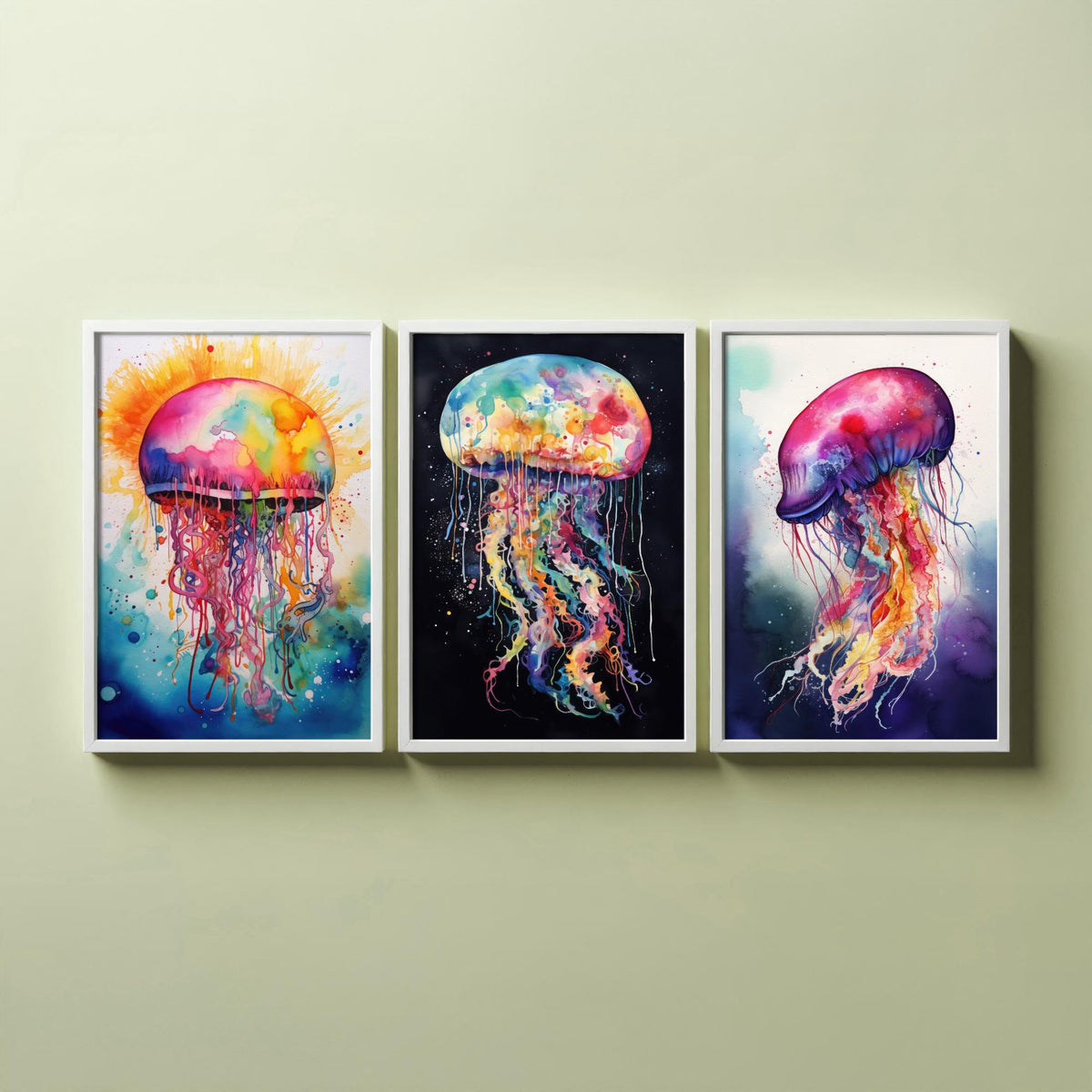 Watercolour Jellyfish Set of Three Art Prints - Rainbow Splash Jellyfish on Sunburst, Black and Indigo - Ocean Painting Poster V1